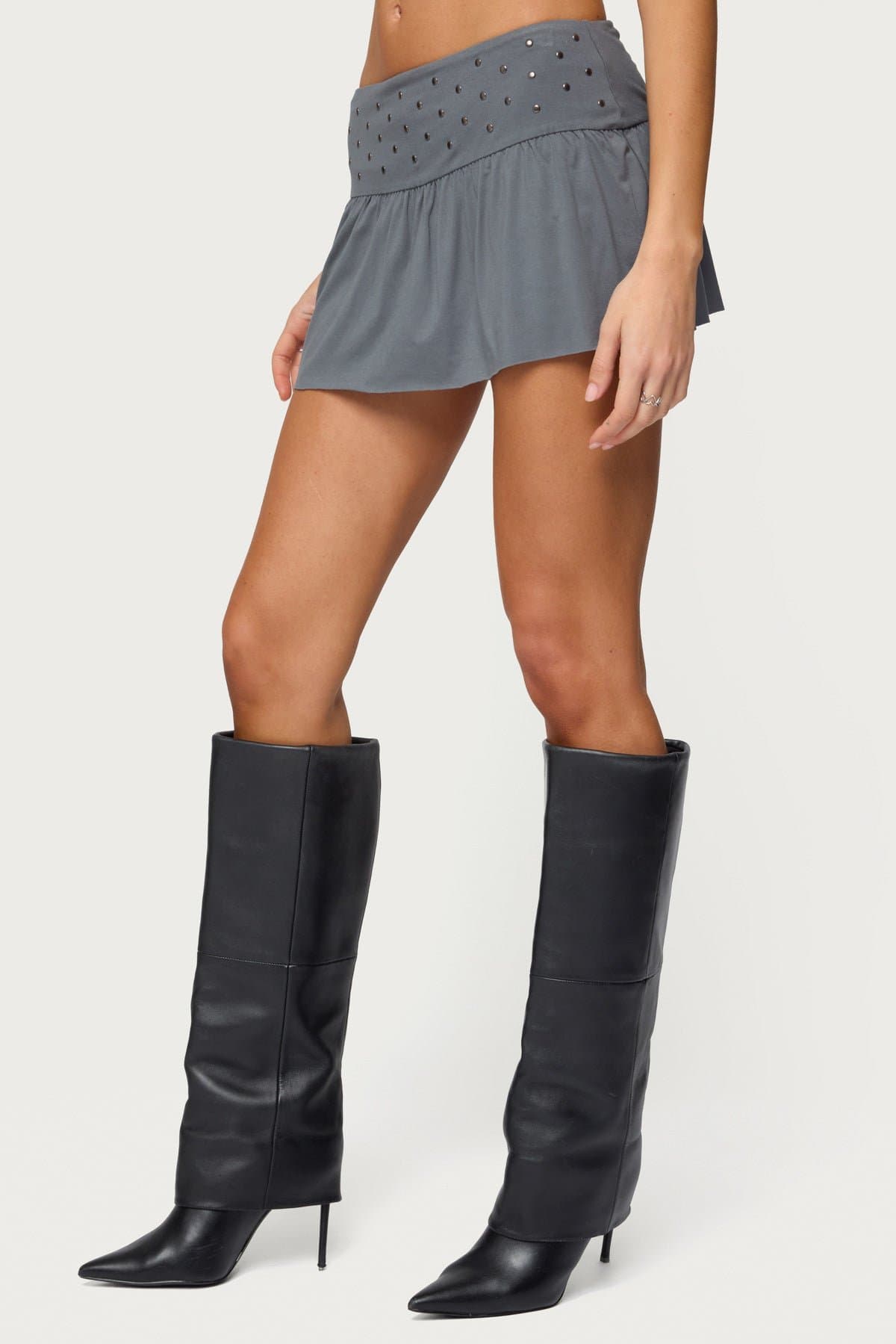 Klara Studded Mini Skort - Rayon Spandex Flared Fit Wide Waistband