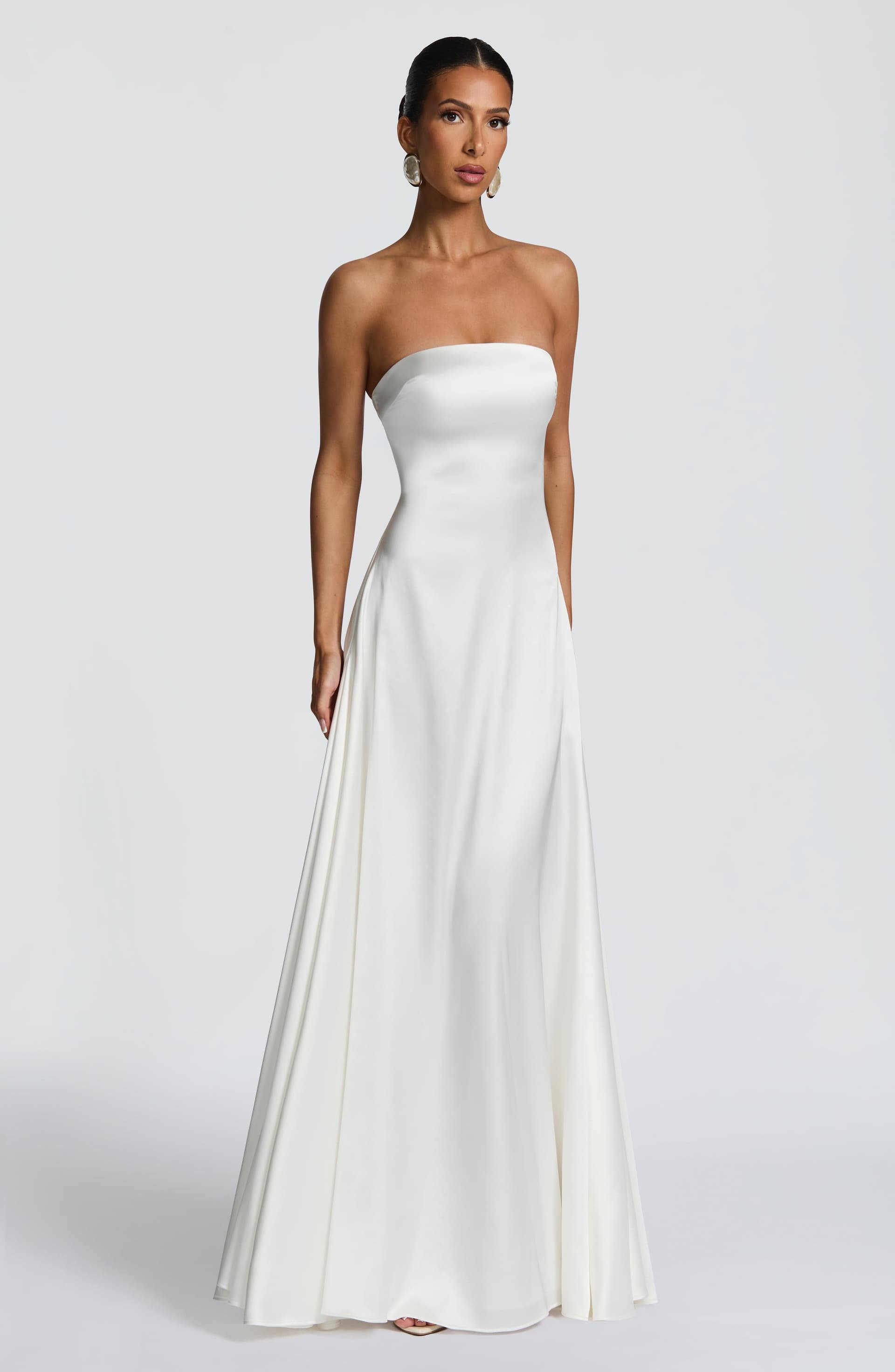 Morven Maxi Dress in Ivory - Strapless Satin A-Line with Lace-Up Back