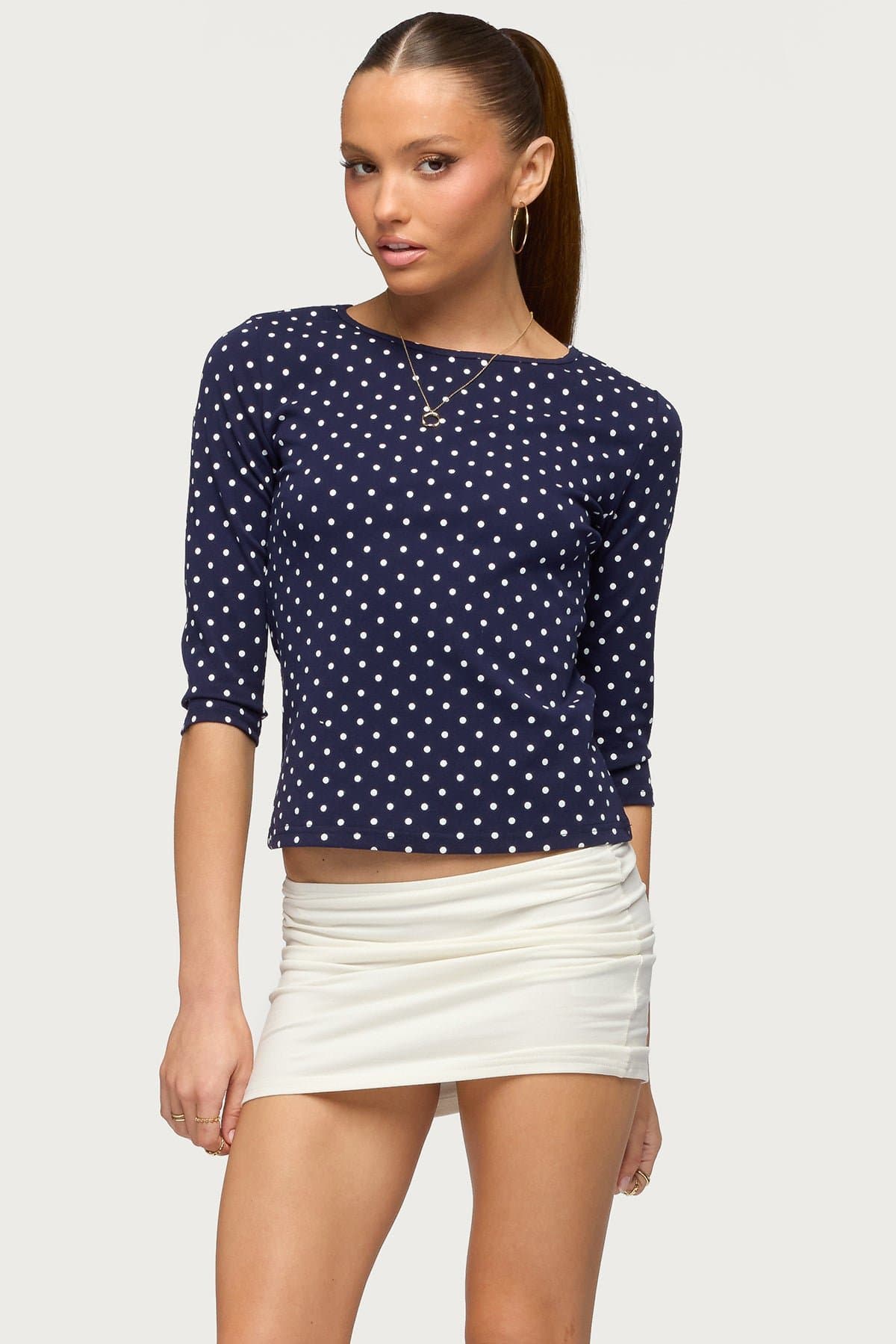 Lela Polka Dot Print Quarter Sleeve Top - Cotton Polyester Spandex