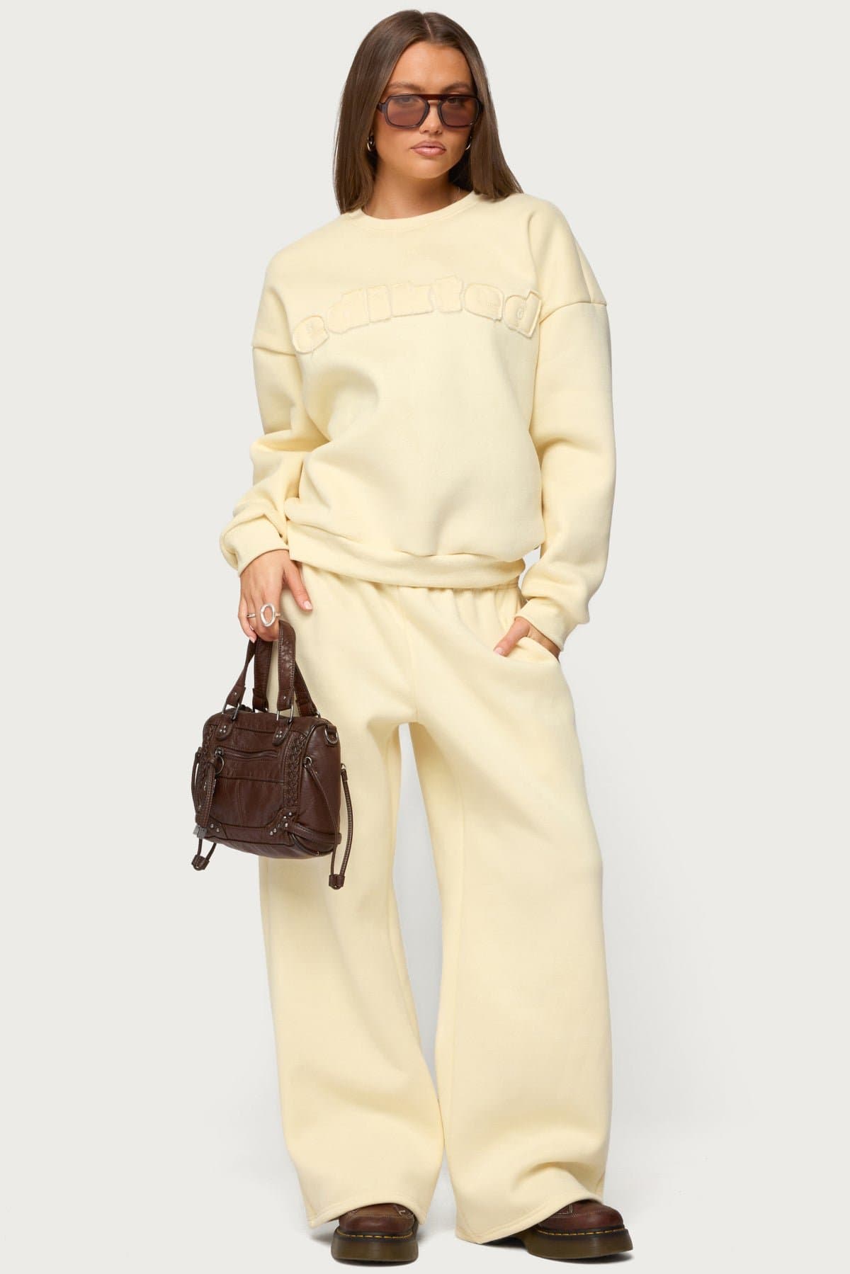 Jaylie Edikted Crewneck Sweatshirt with Distressed Graphic Text Patch Polyester Cotton