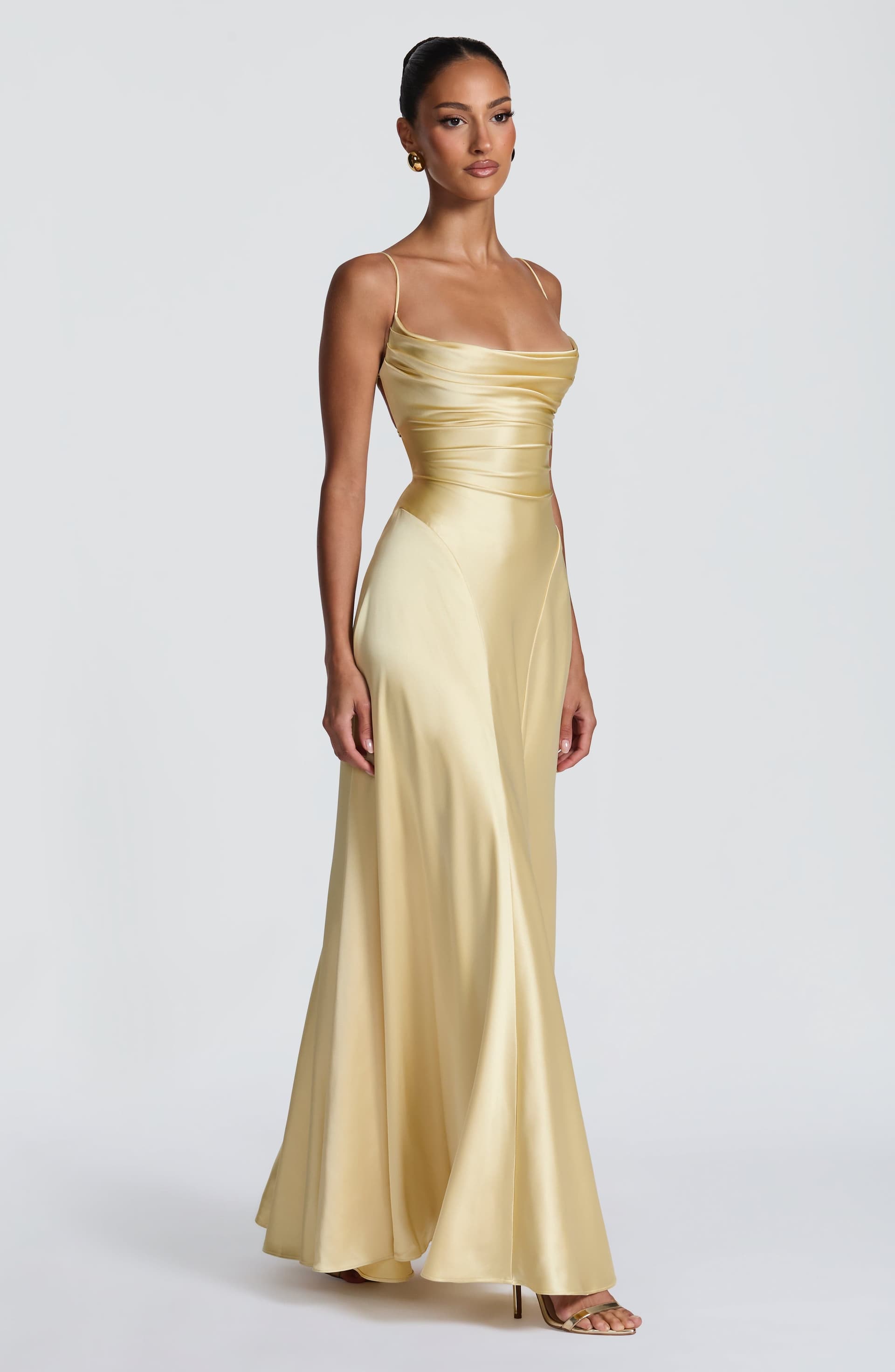 Adelina Lemon Maxi Dress - Satin Twist Cowl Neck Spaghetti Straps Lace-Up Back