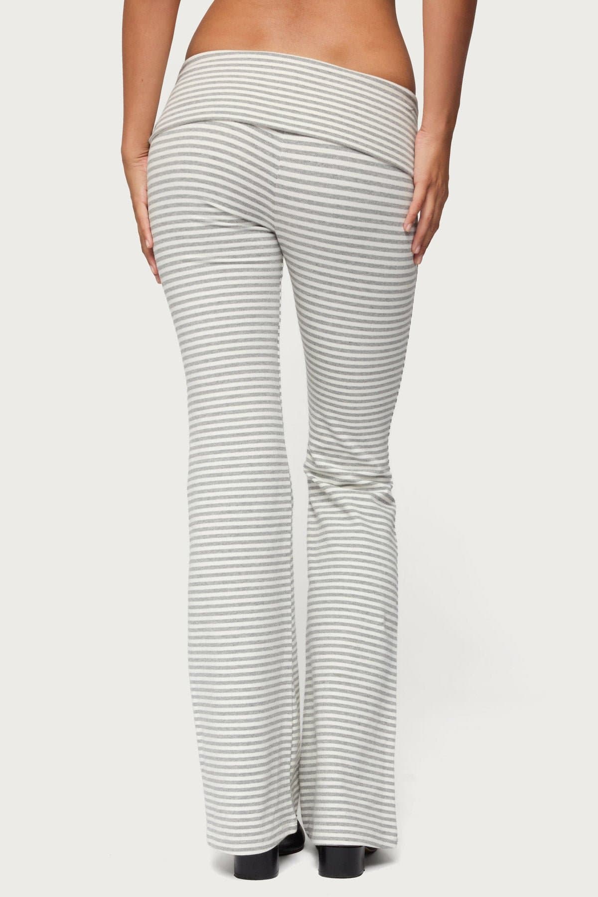 Kaeli Stripey Flared Leggings - Cotton Polyester Spandex Loungewear with Fold Over Waistband