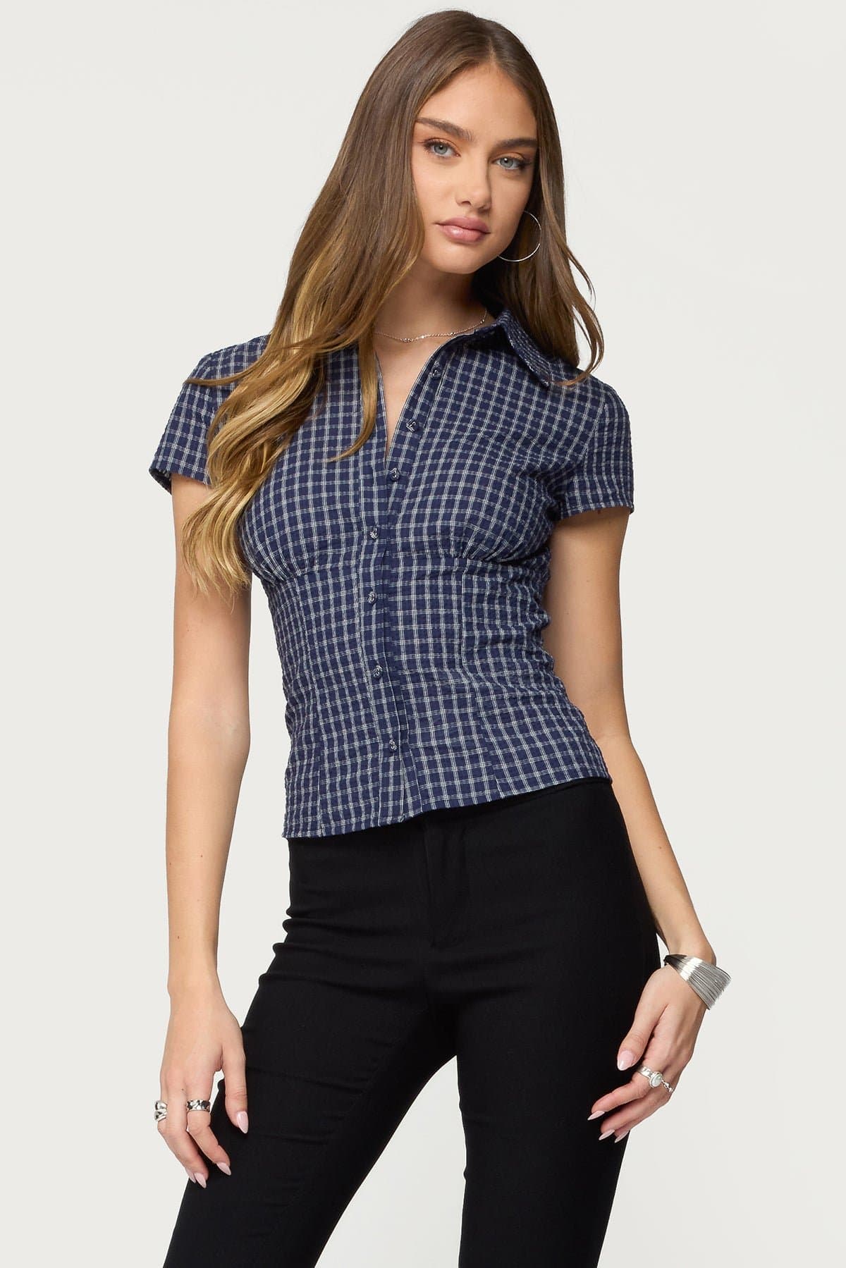 Oriya Gingham Tailored Button Up Shirt - Cotton Polyester Textured Fabric