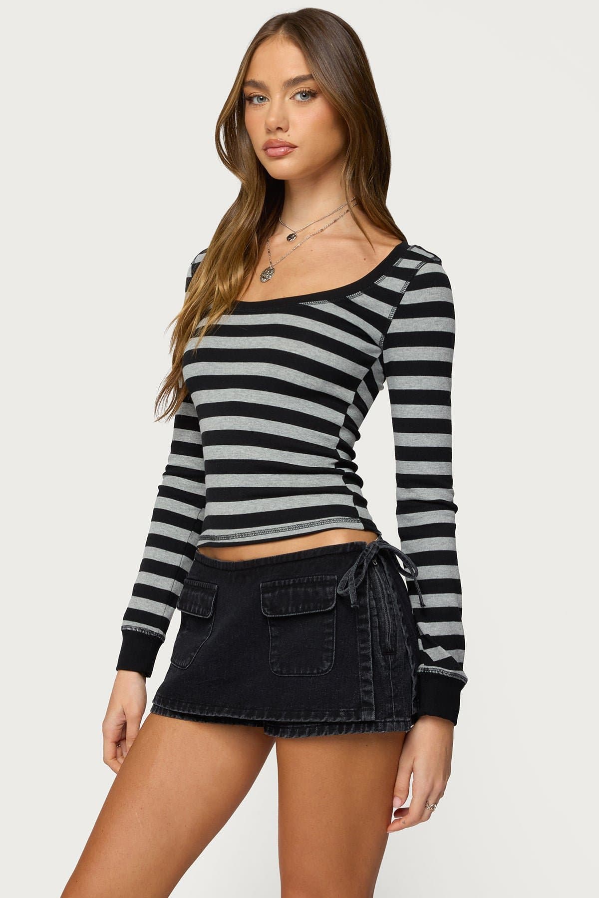 Rainey Striped Long Sleeve Top - Cotton Spandex Scoop Neck Striped Pattern