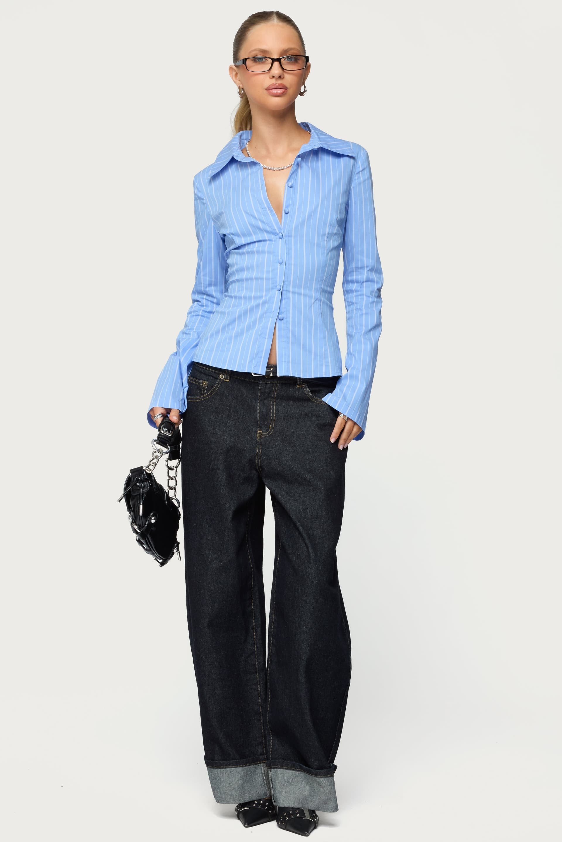 Petite Kella Low Rise Baggy Jeans - Rigid Cotton Denim, Cuffed Hem, 27.8" Inseam Size S