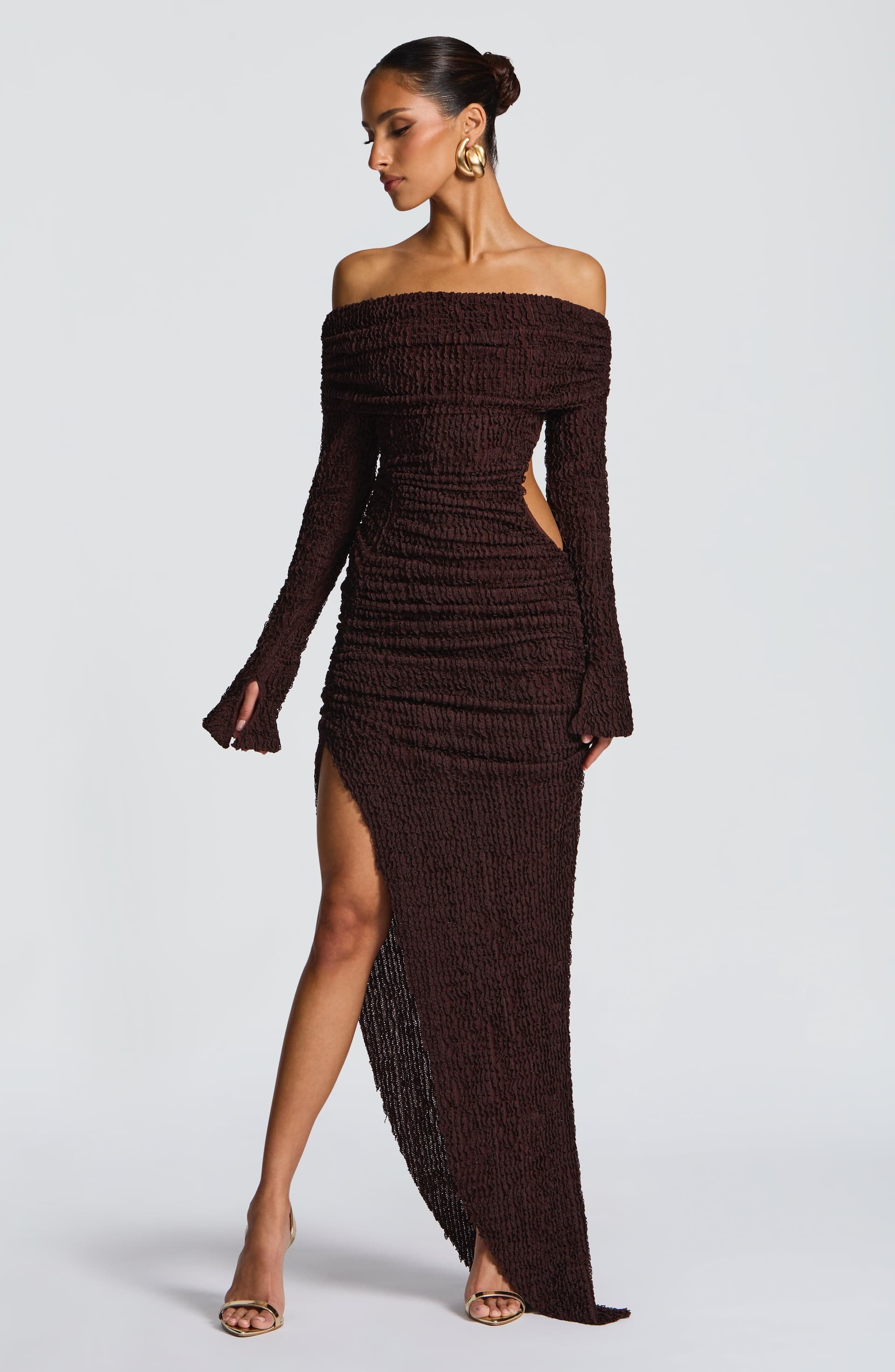 Adelphia Midi Dress Plum Brown Bardot Neckline Long Sleeve Asymmetric Skirt