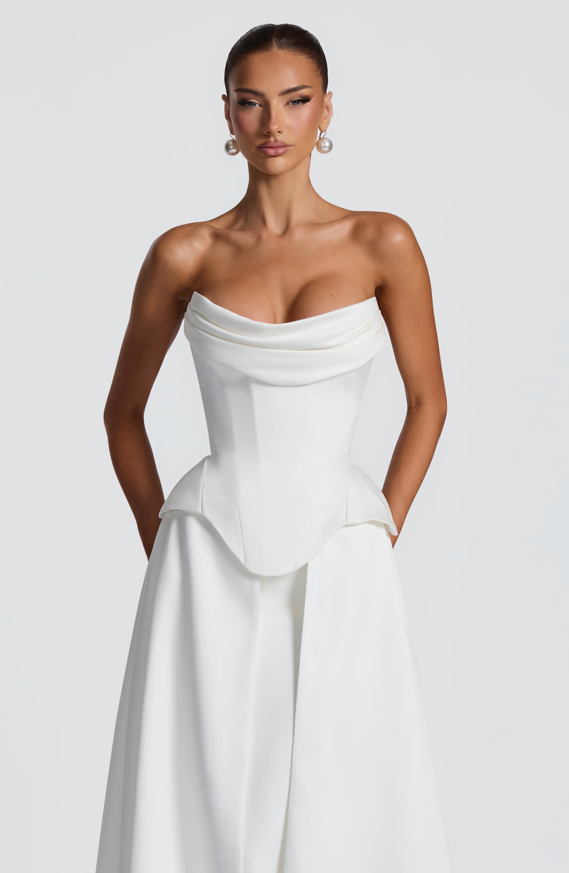 Jamila Ivory Duchess Satin Corset with Boning and Lace-Up Back