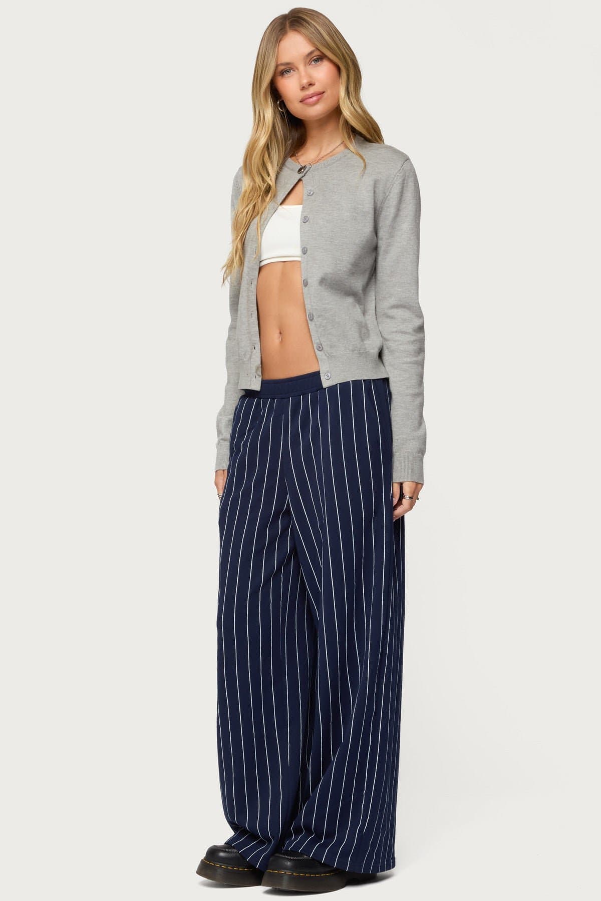 Mercer Pinstripe Wide Leg Sweatpants - Cotton Polyester Elastic Waistband