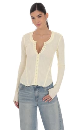 Textured Ribbed Button Top in Pastel Yellow