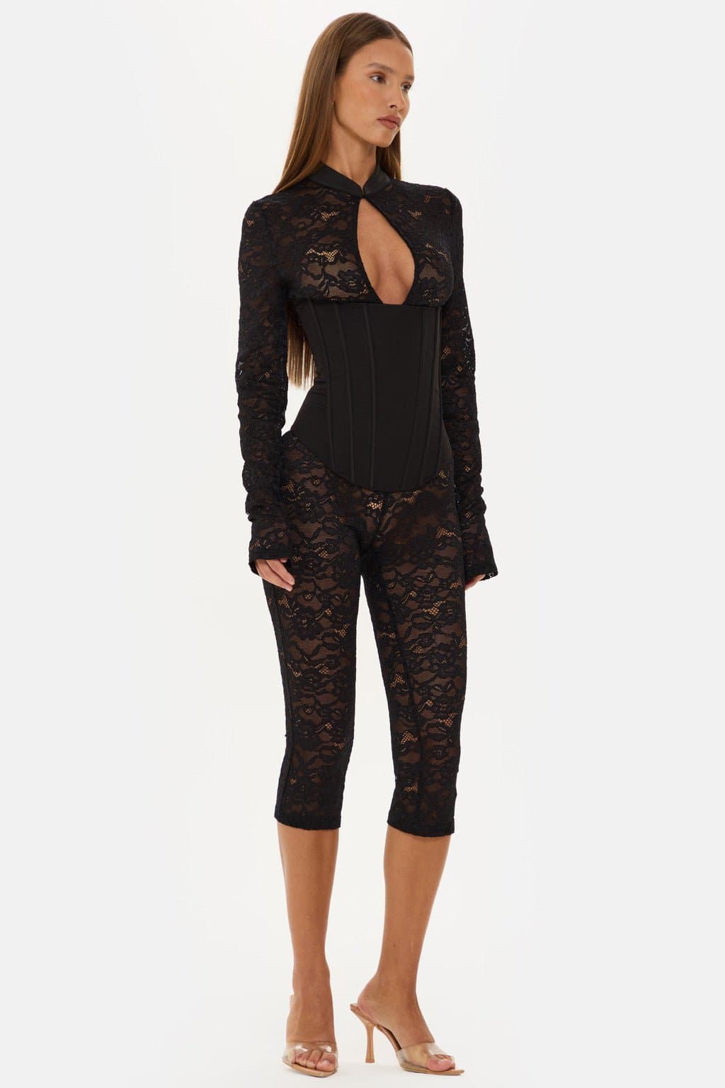 Jagger Long Sleeve Lace Capri Jumpsuit with High Neck and Corset Boning