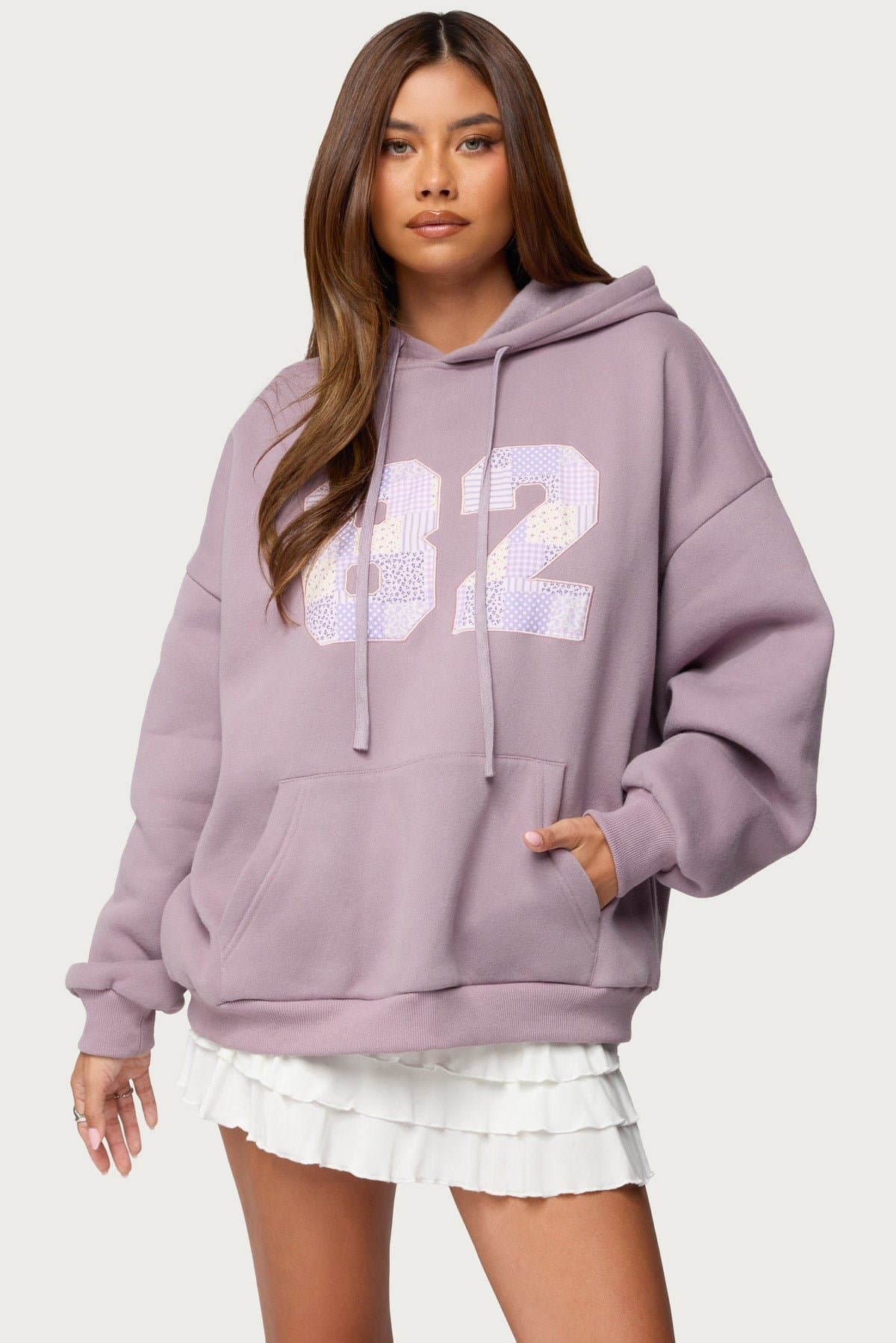 82 Oversized Hoodie with Mixed Print Detailing and Graphic Patch Polyester Cotton