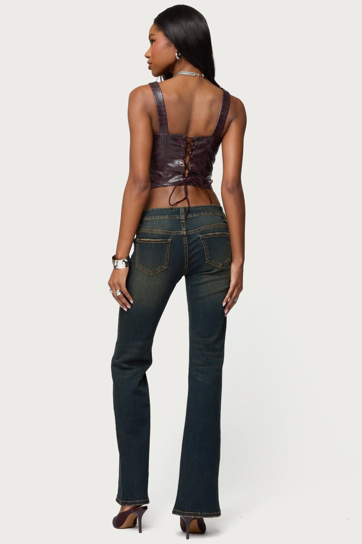 Shana Faux Croc Leather Corset Square Neckline Boned Bodice Lace Up Back Polyurethane Rayon