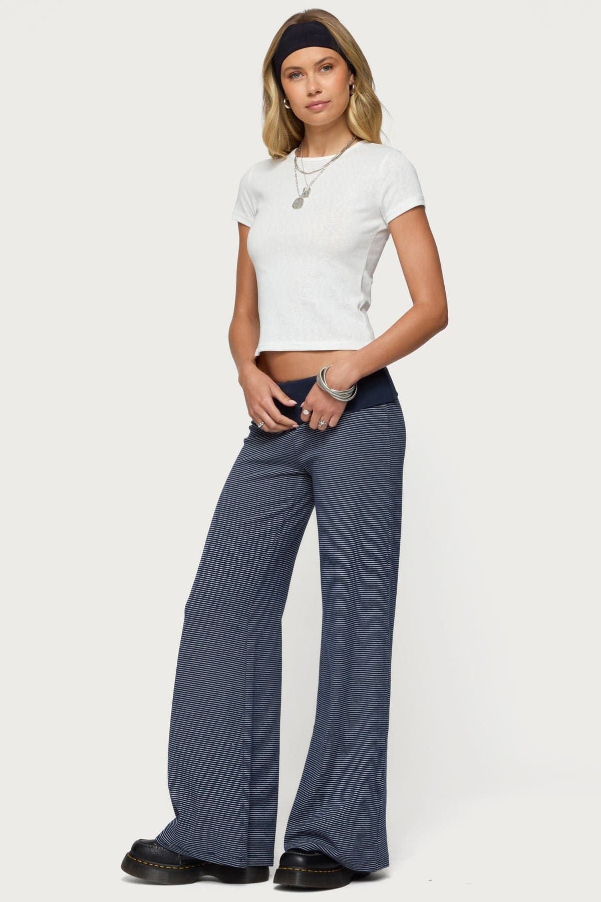 Amarna Striped Fold Over Wide Leg Pants - Cotton Rayon Polyester