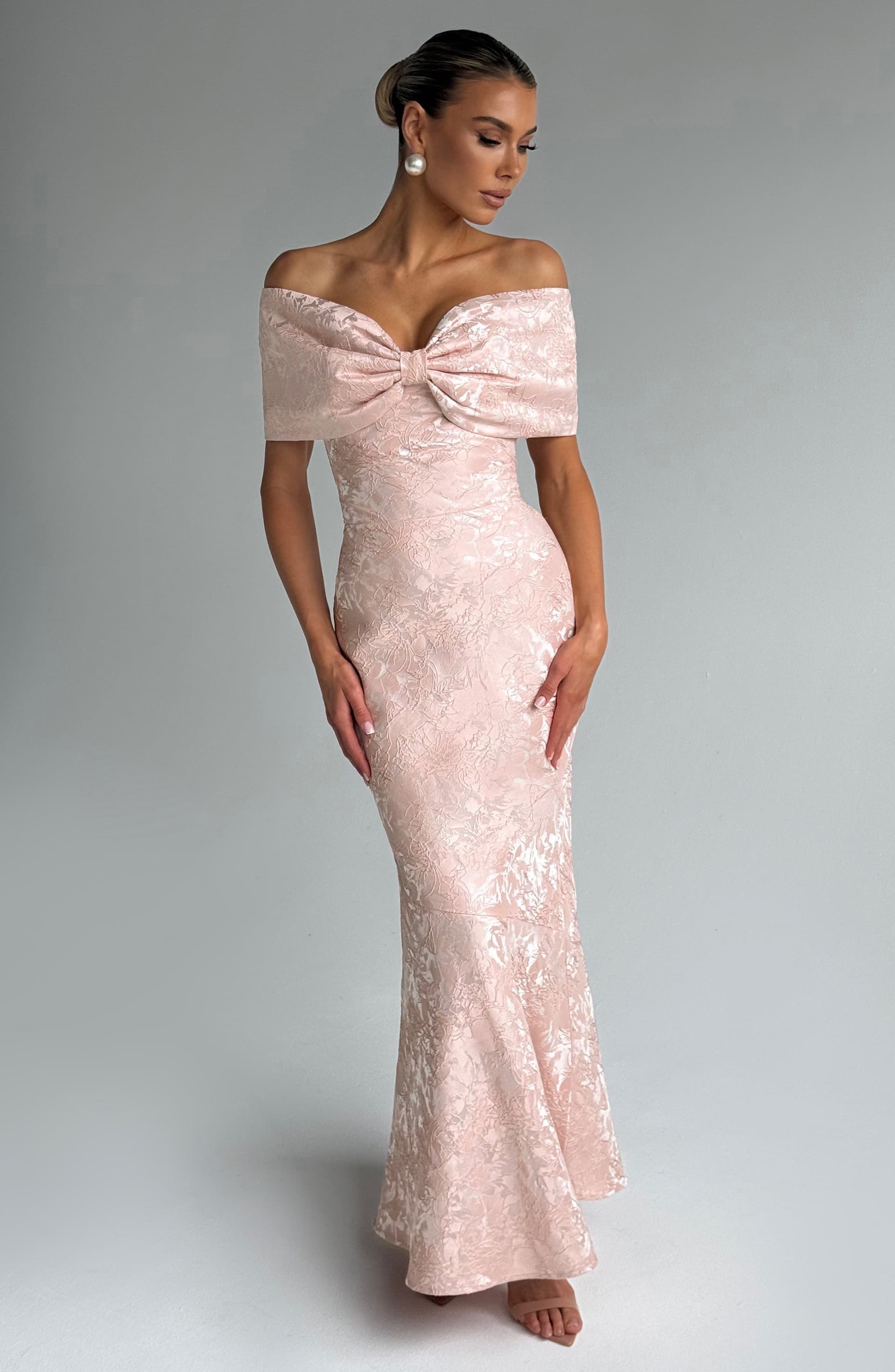 Emberly Soft Peach Maxi Dress Floral Jacquard Lace-Up Back Bardot Bow