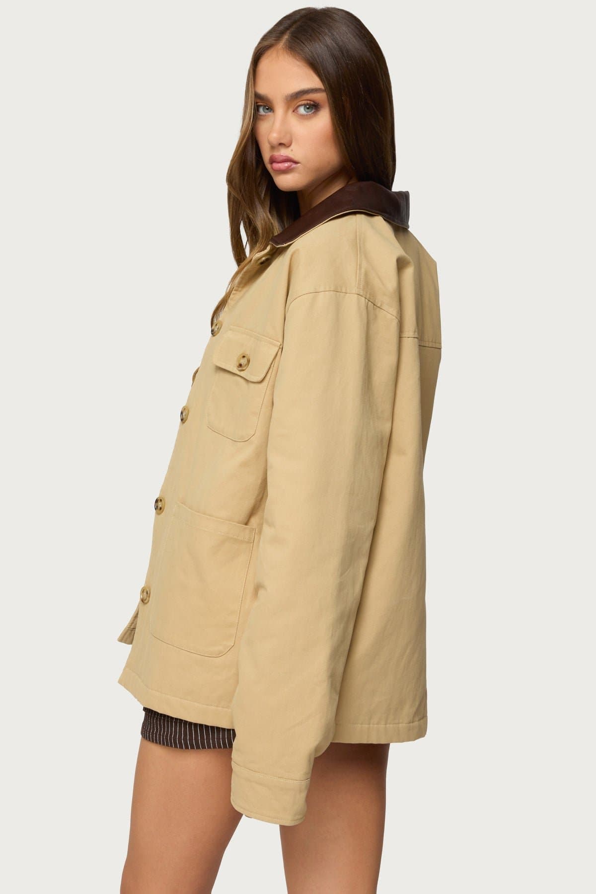 Harper Barn Coat - 100% Cotton with Faux Leather Collar & Cuffs
