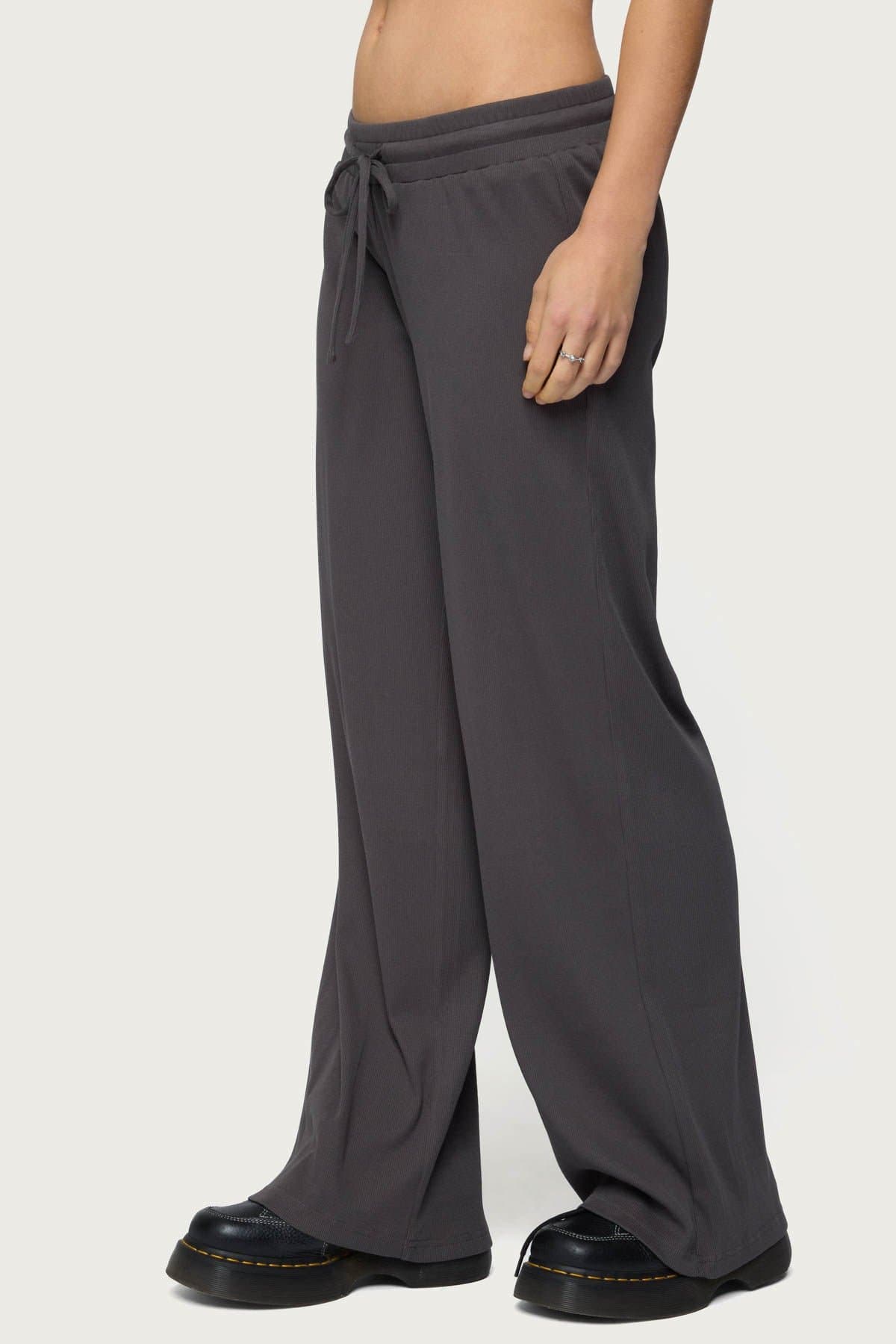Cicilia Straight Leg Ribbed Pants - Adjustable Tie Waist Cotton Polyester Spandex Loungewear