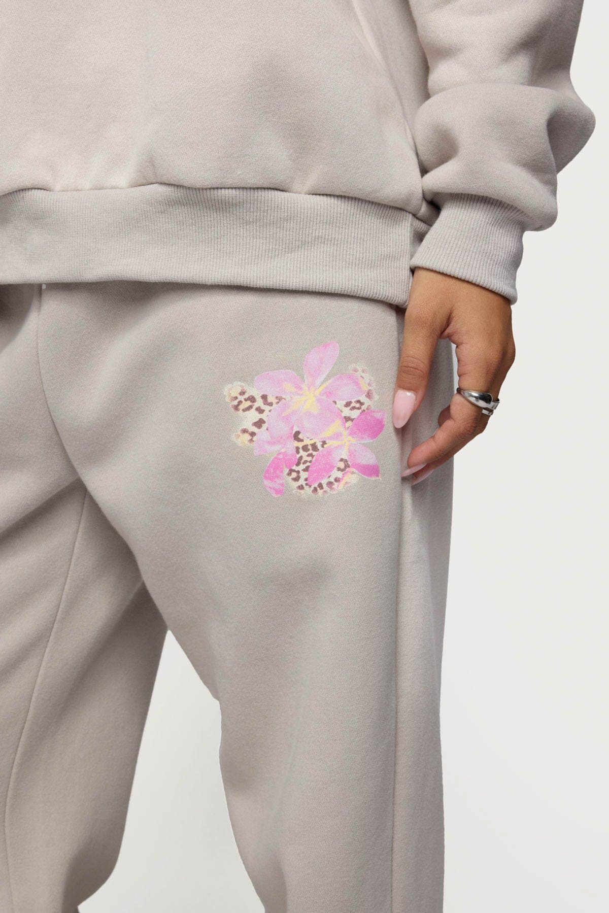 Wild Petal Sweatpants - Flower Leopard Print, Polyester Cotton, Elastic Waistband Straight Leg