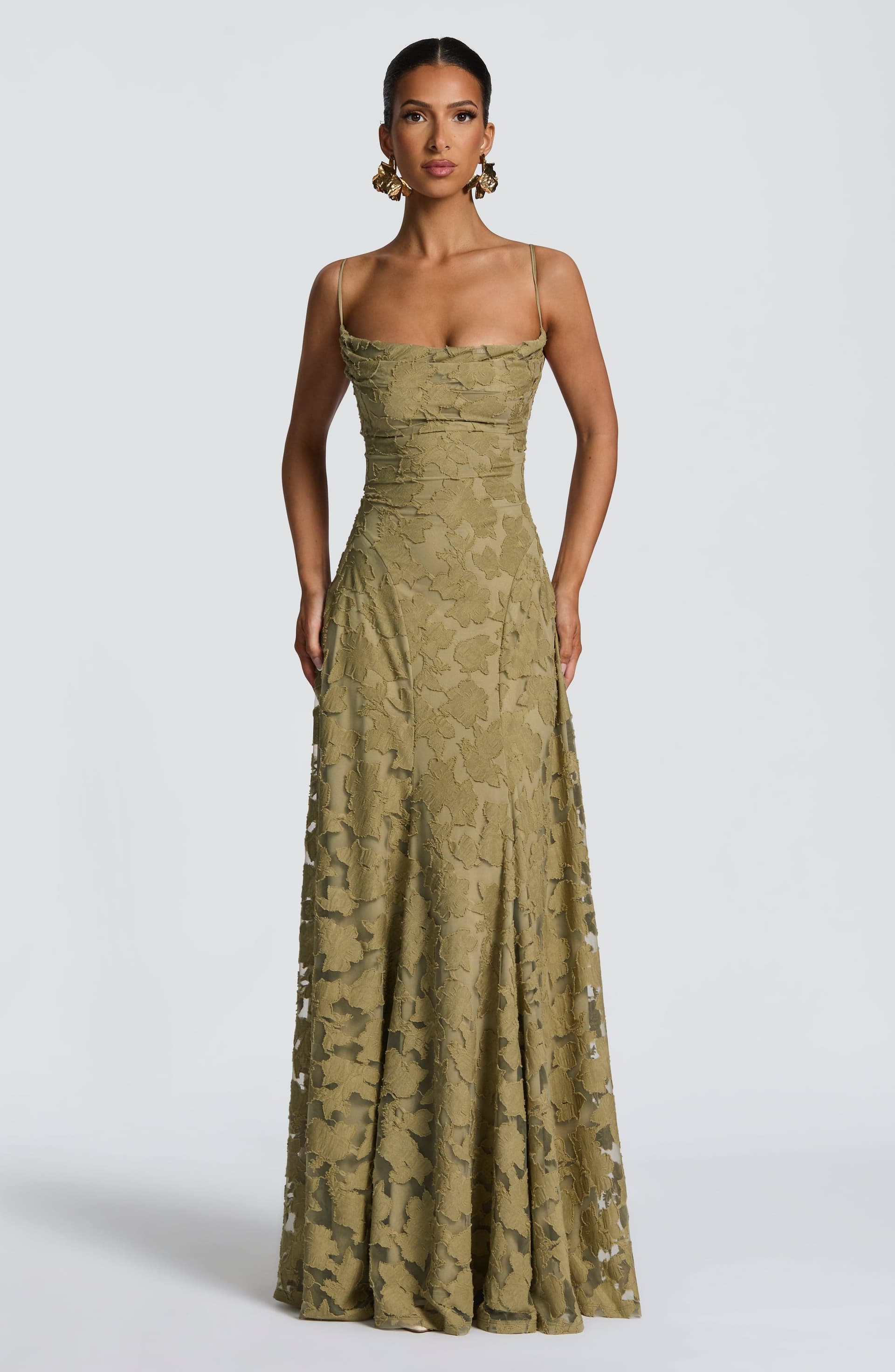 Francis Maxi Dress - Sage Floral Burnout Jersey Cowl Neck Lace-Up Back