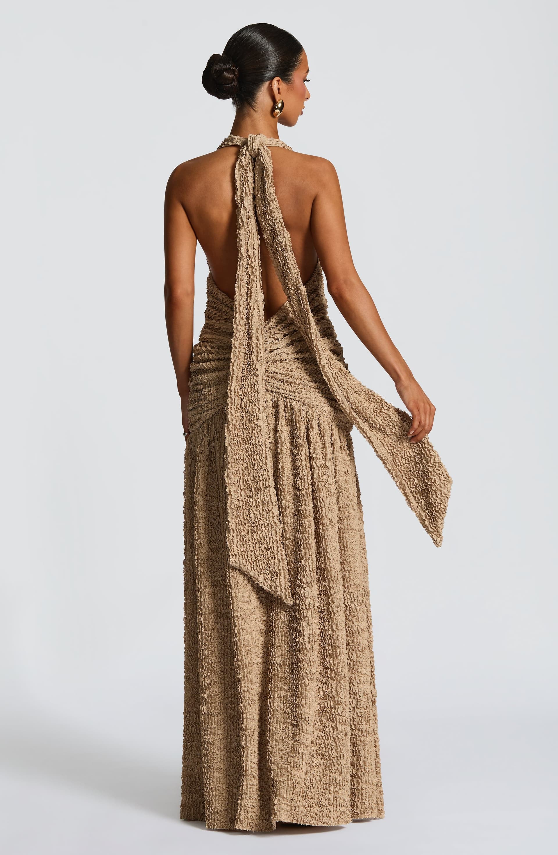 Minerva Maxi Dress Beige Textured Fabric Plunge Neckline Thigh Split Halterneck