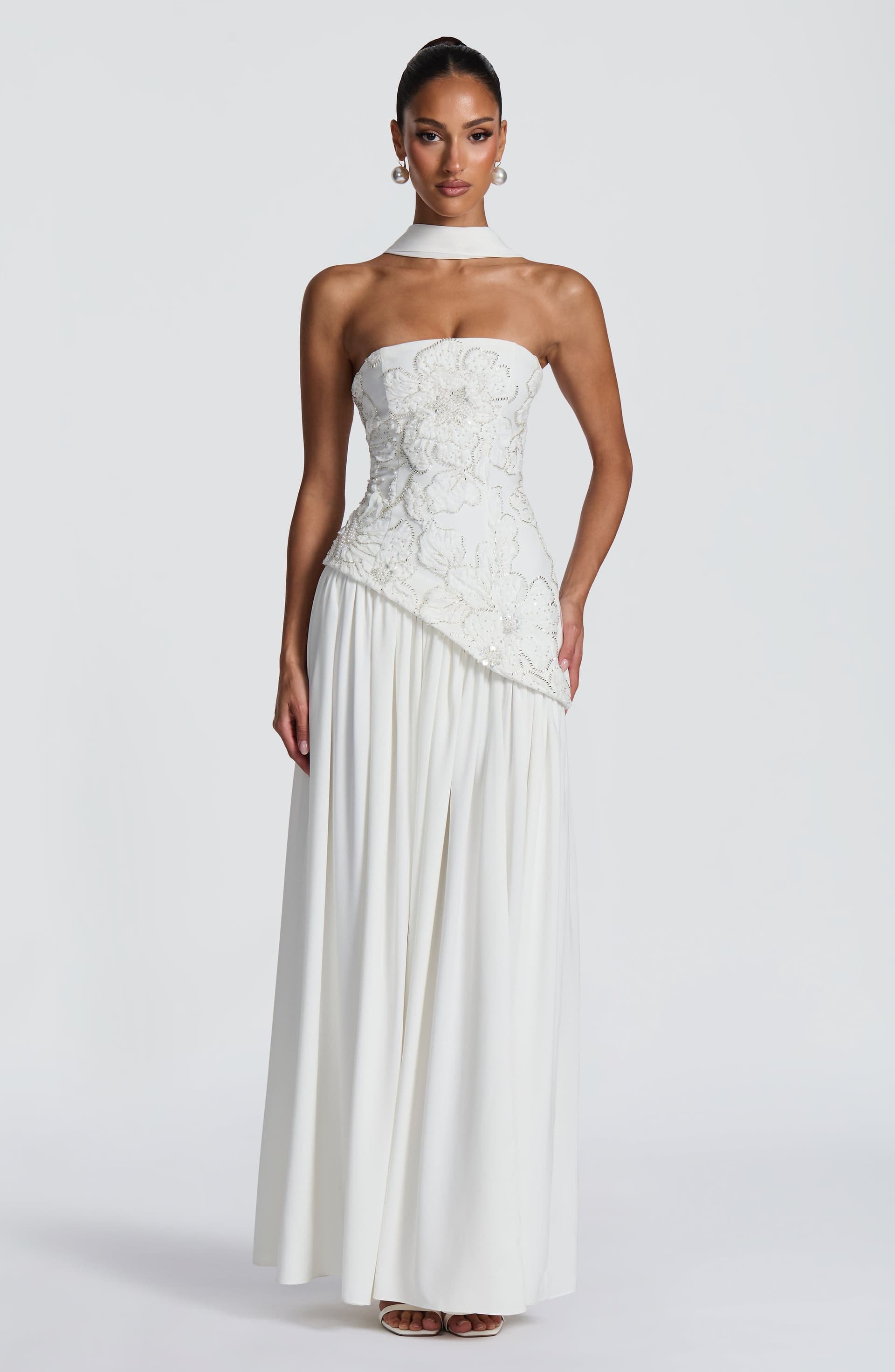 Anneliese Maxi Dress in Ivory Crepe Bodice Chiffon Skirt with Embellishments