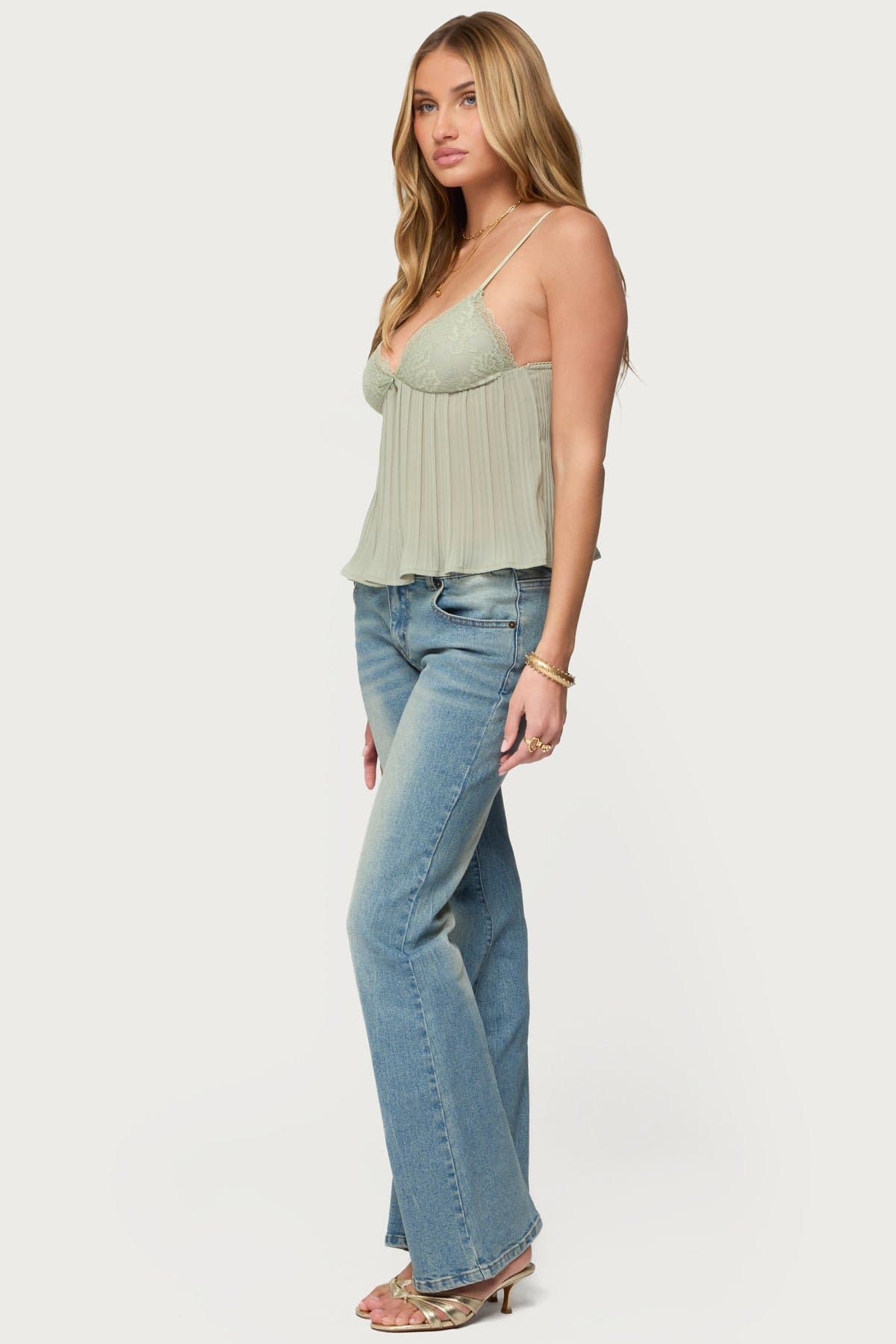 Rhian Lacey Pleated Babydoll Top - Adjustable Straps, Lace Bust, Chiffon