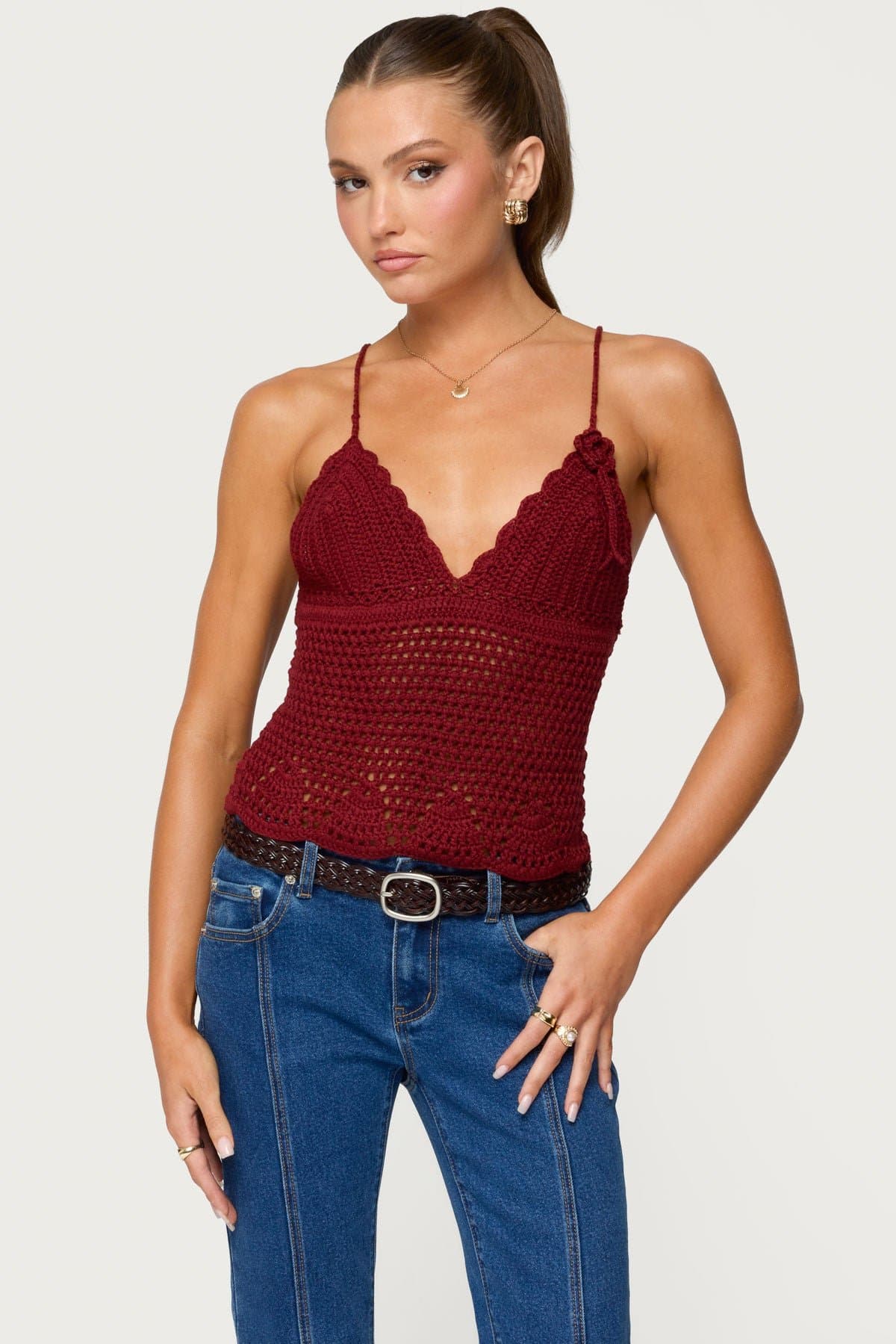 Delila Crochet V Neck Top with Lace Up Back Scalloped Trim Acrylic Fabric