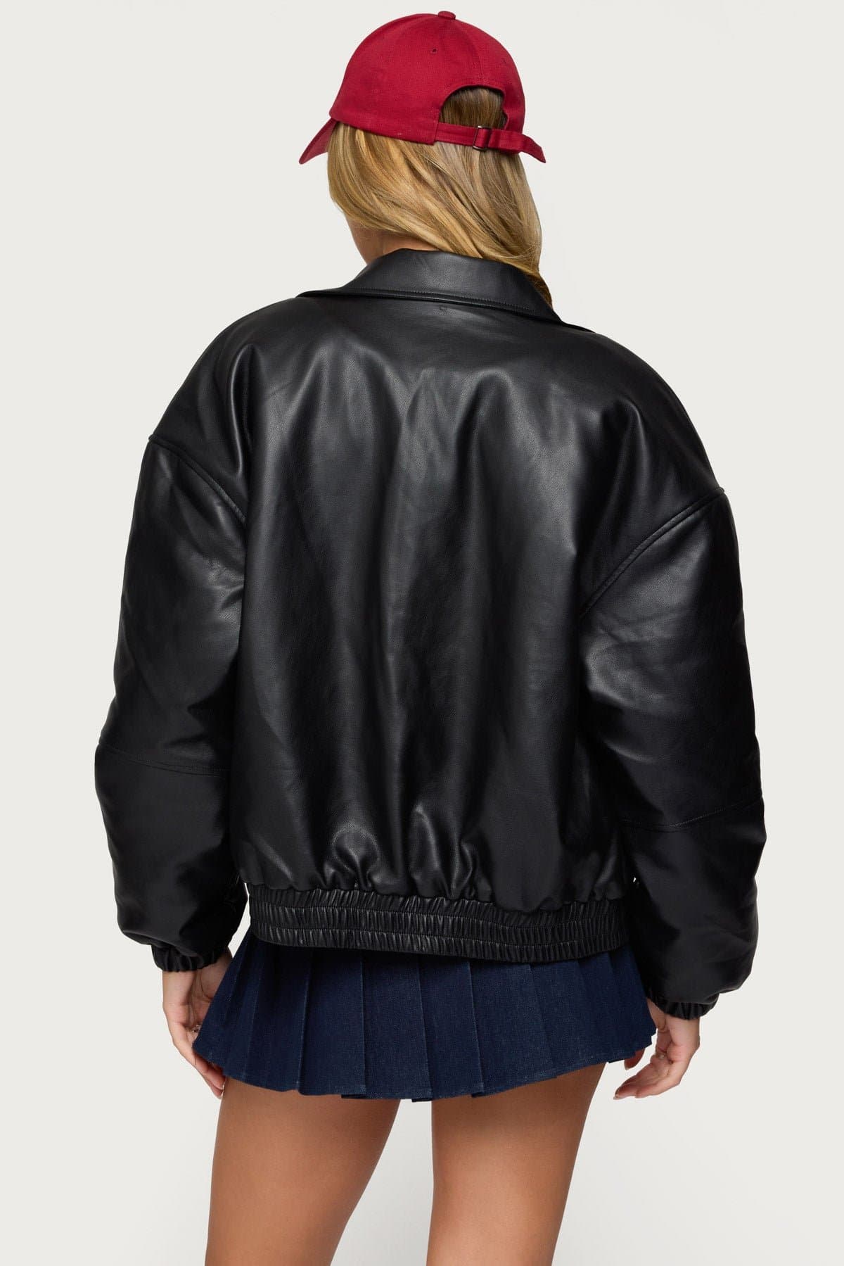 Halley Faux Leather Bomber Jacket - Black Polyurethane Classic Collar