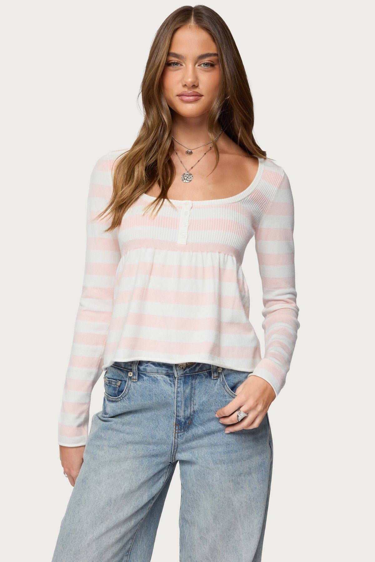 Lockie Striped Knit Babydoll Top - Long Sleeve Scoop Neck Rayon Polyester