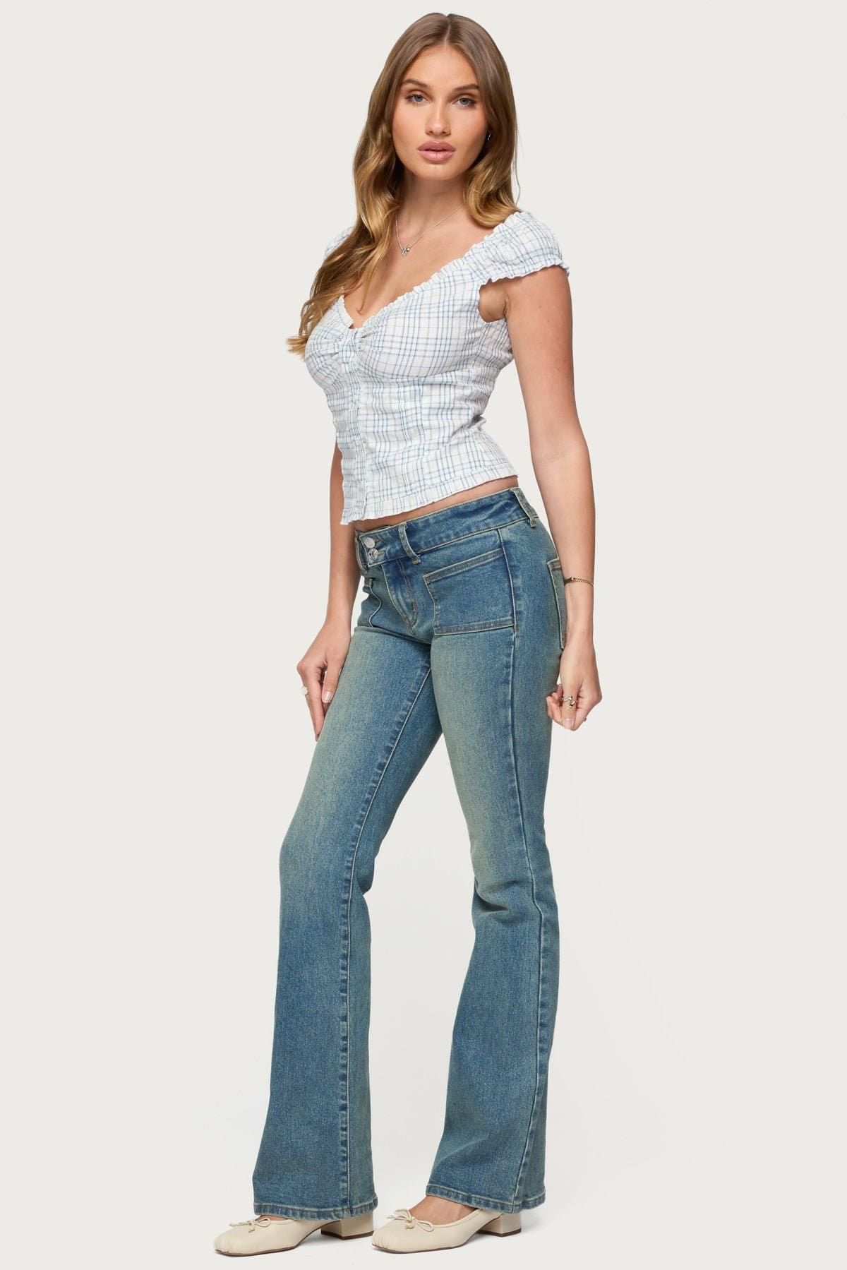 Dolsy Plaid Button Up Top - Wide V Neck, Short Puff Sleeves, Cotton Polyester