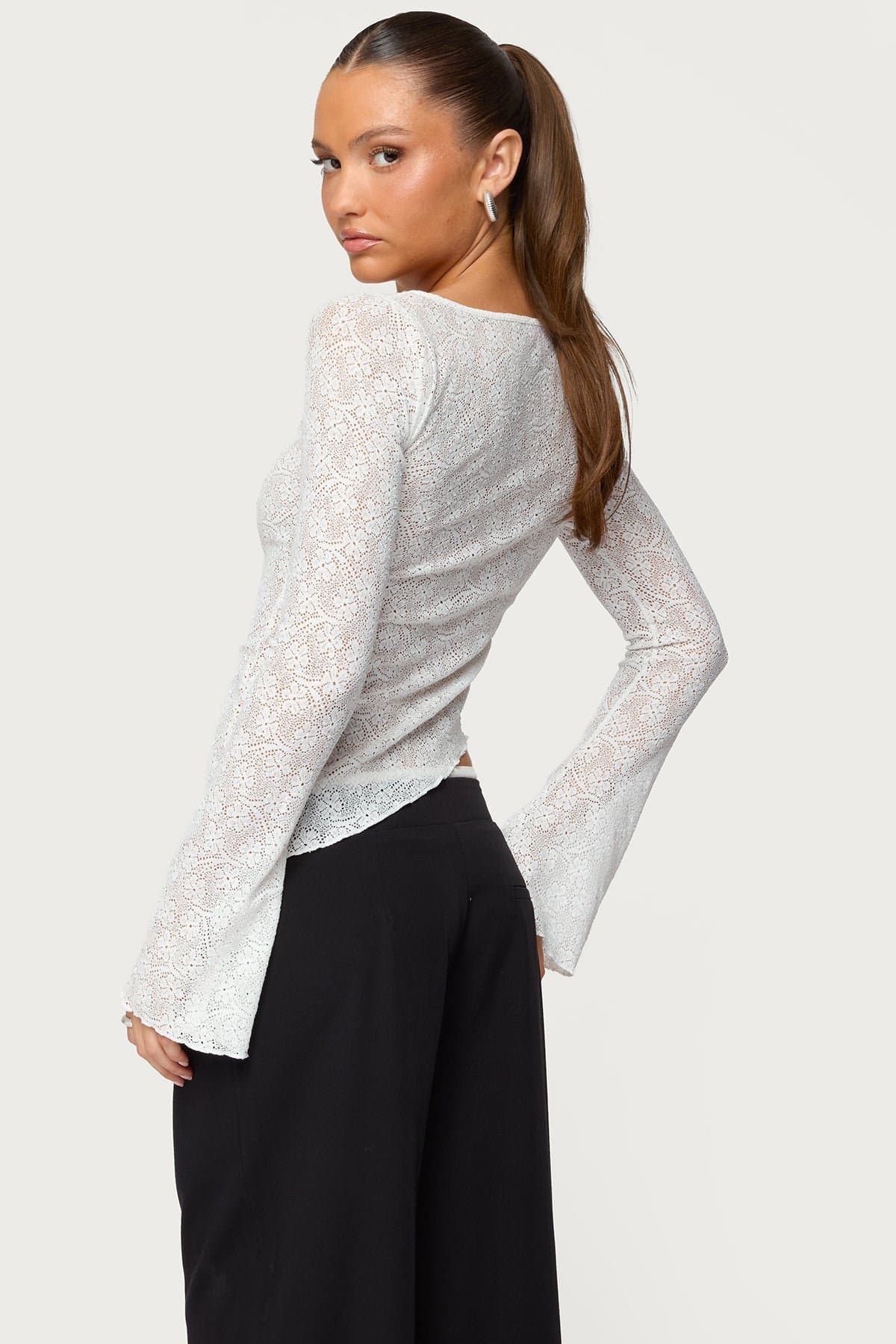 Mare Asymmetric Gem Sheer Lace Top - Bell Long Sleeves Boat Neck Polyester Spandex