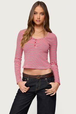 Jocelyn Striped Long Sleeve Top - Cotton Spandex Button Front