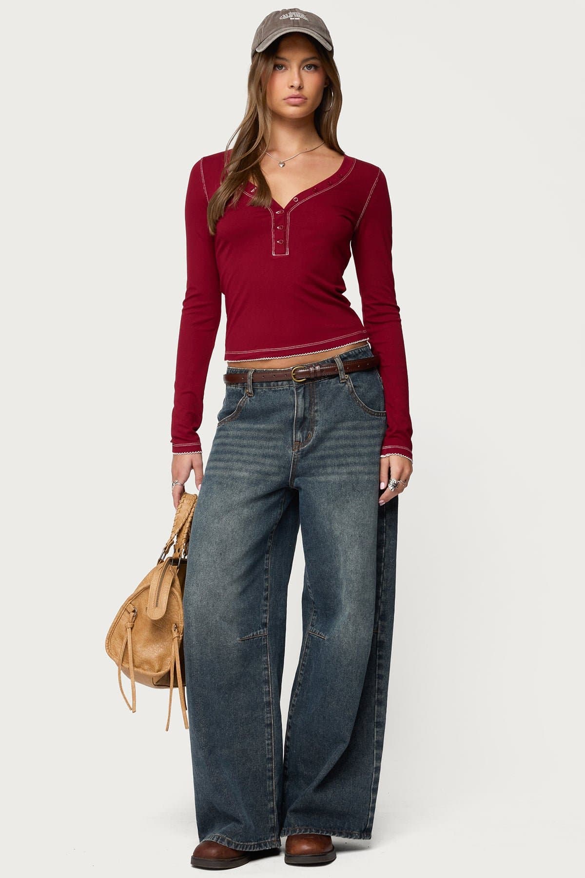 Yael Contrast Stitch Long Sleeve Henley Top in Rayon Spandex