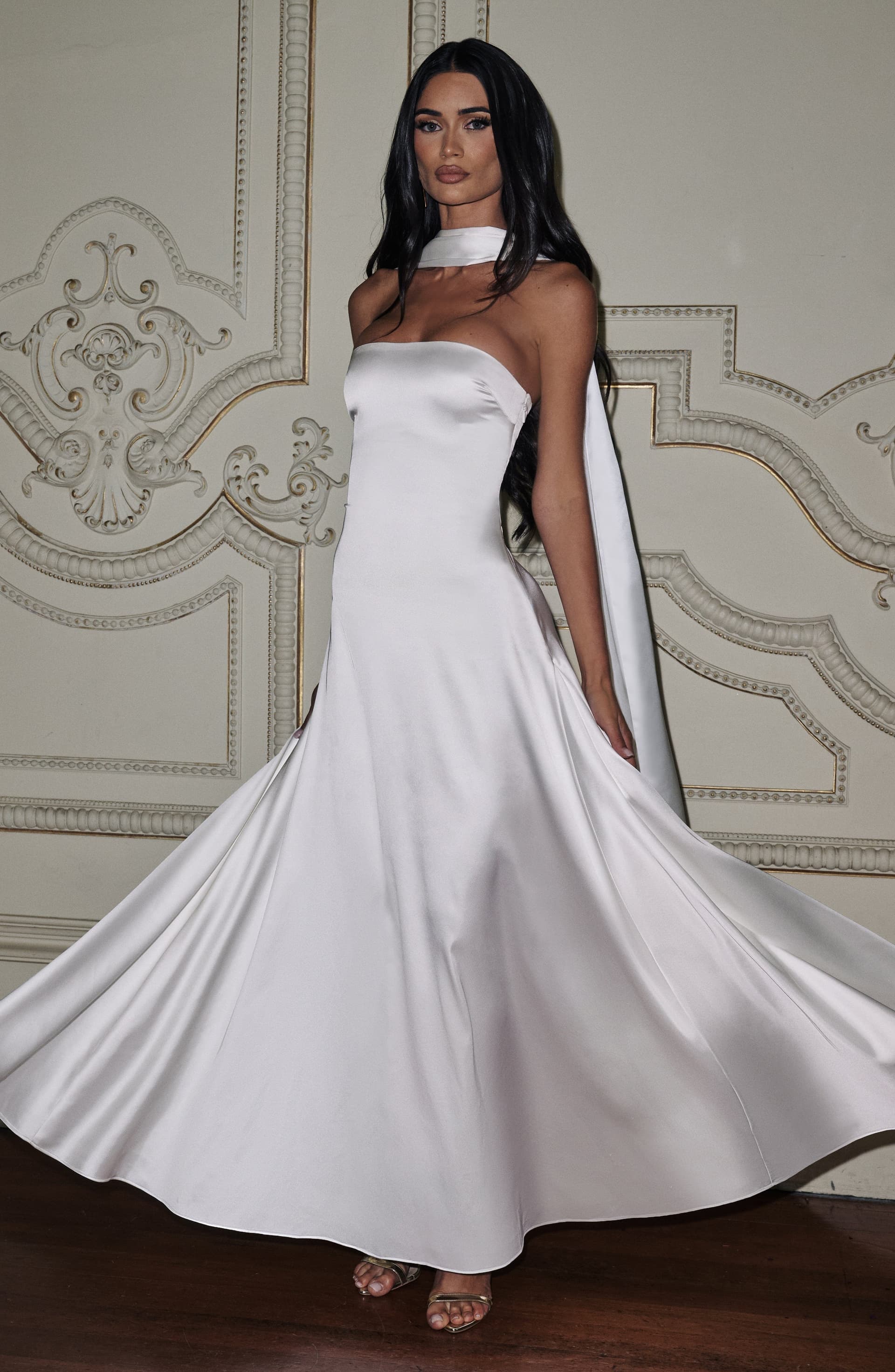 Morven Maxi Dress in Ivory - Strapless Satin A-Line with Lace-Up Back