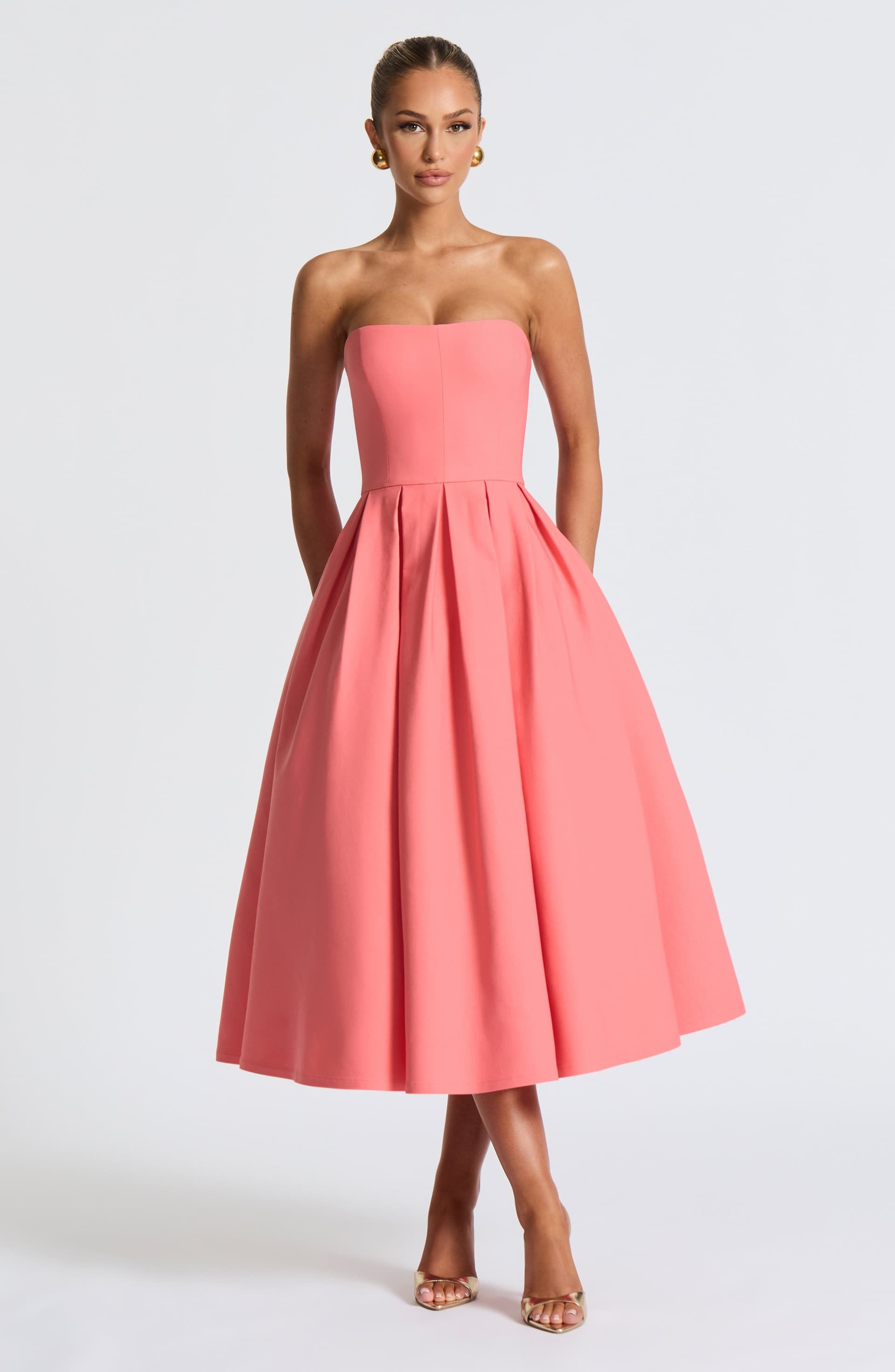 Edith Midi Dress Coral Pink Stretch Bengaline Strapless Pleated
