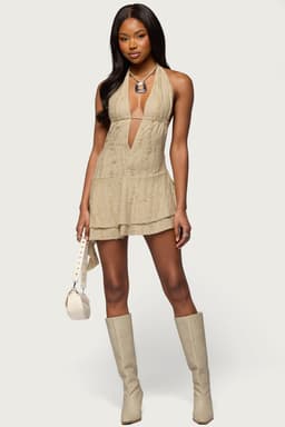 Shredded Backless Halter Mini Dress with Deep V Neckline and Ruffles Polyester Spandex