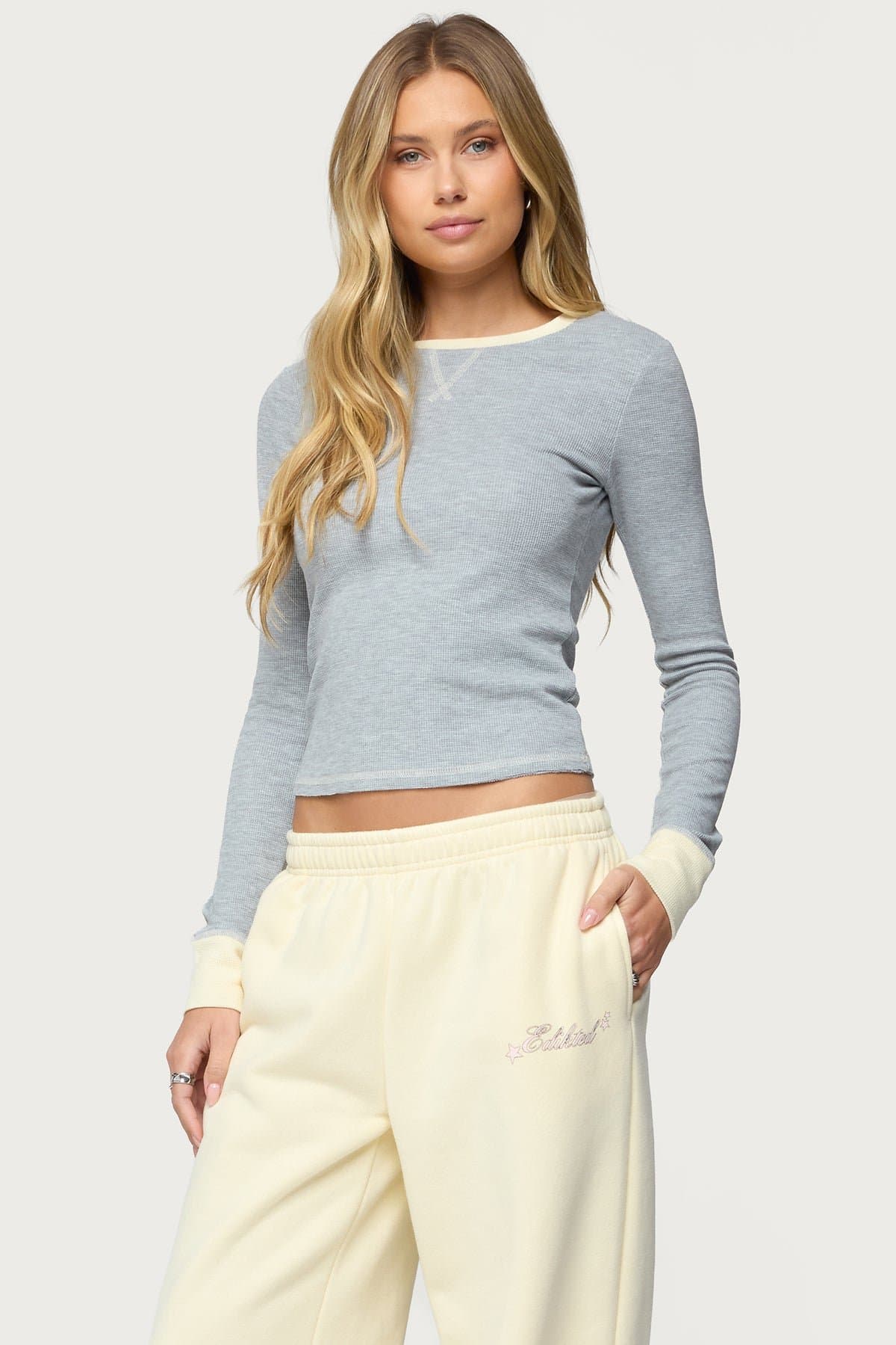 Rora Contrast Long Sleeve Waffle Top - Cotton Polyester Spandex Blend