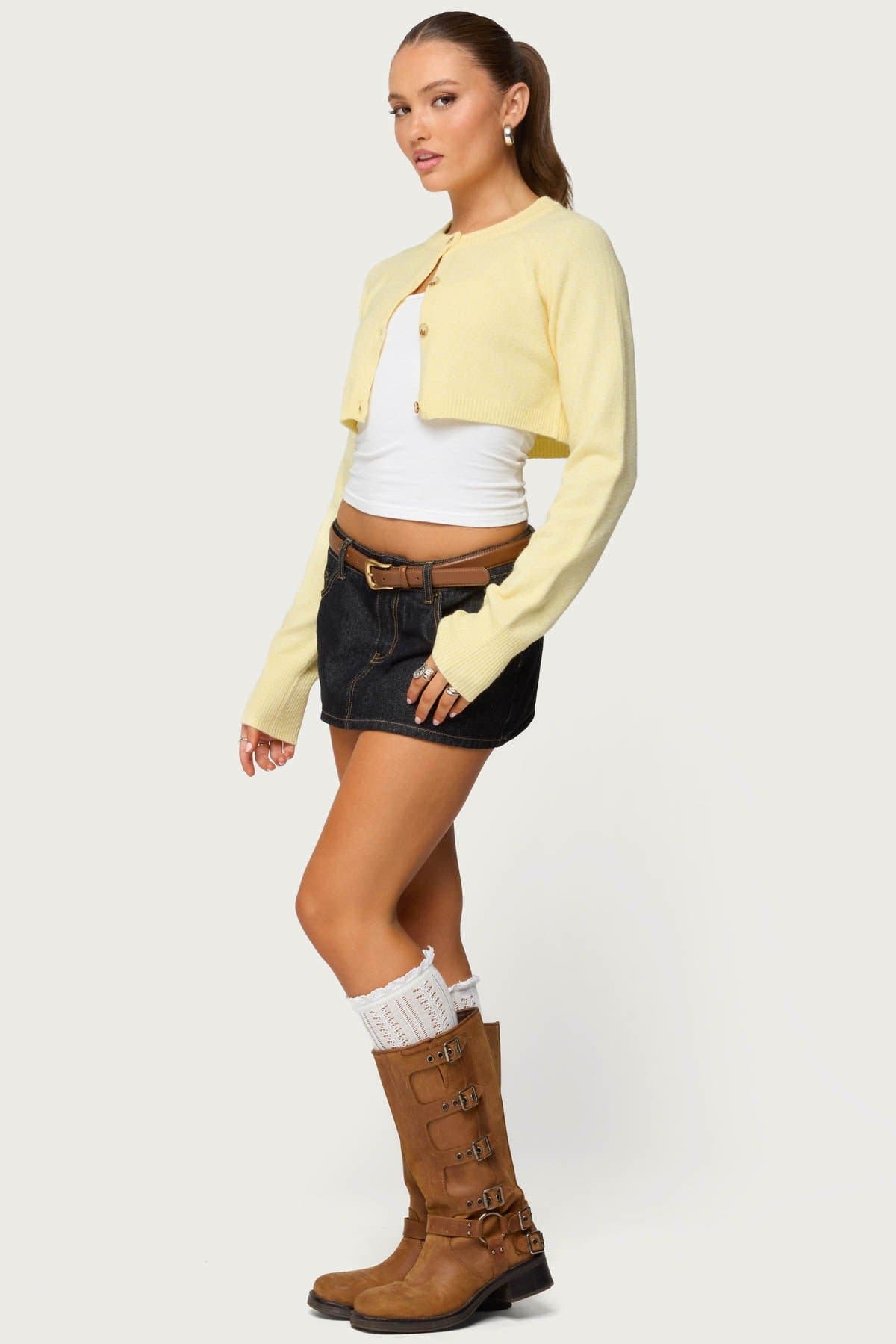 Morgynne Cropped Knit Cardigan - Polyester Nylon Spandex Button Front Fit