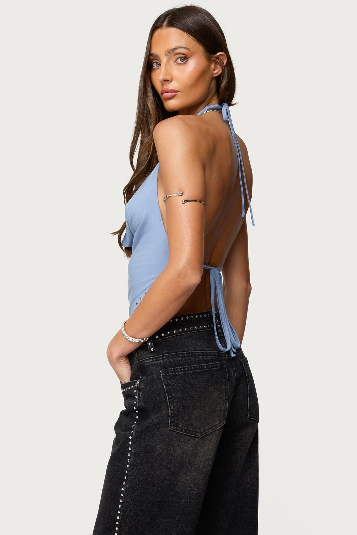 Zenya Backless Cowl Neck Halter Top in Rayon Spandex with Studded Detailing