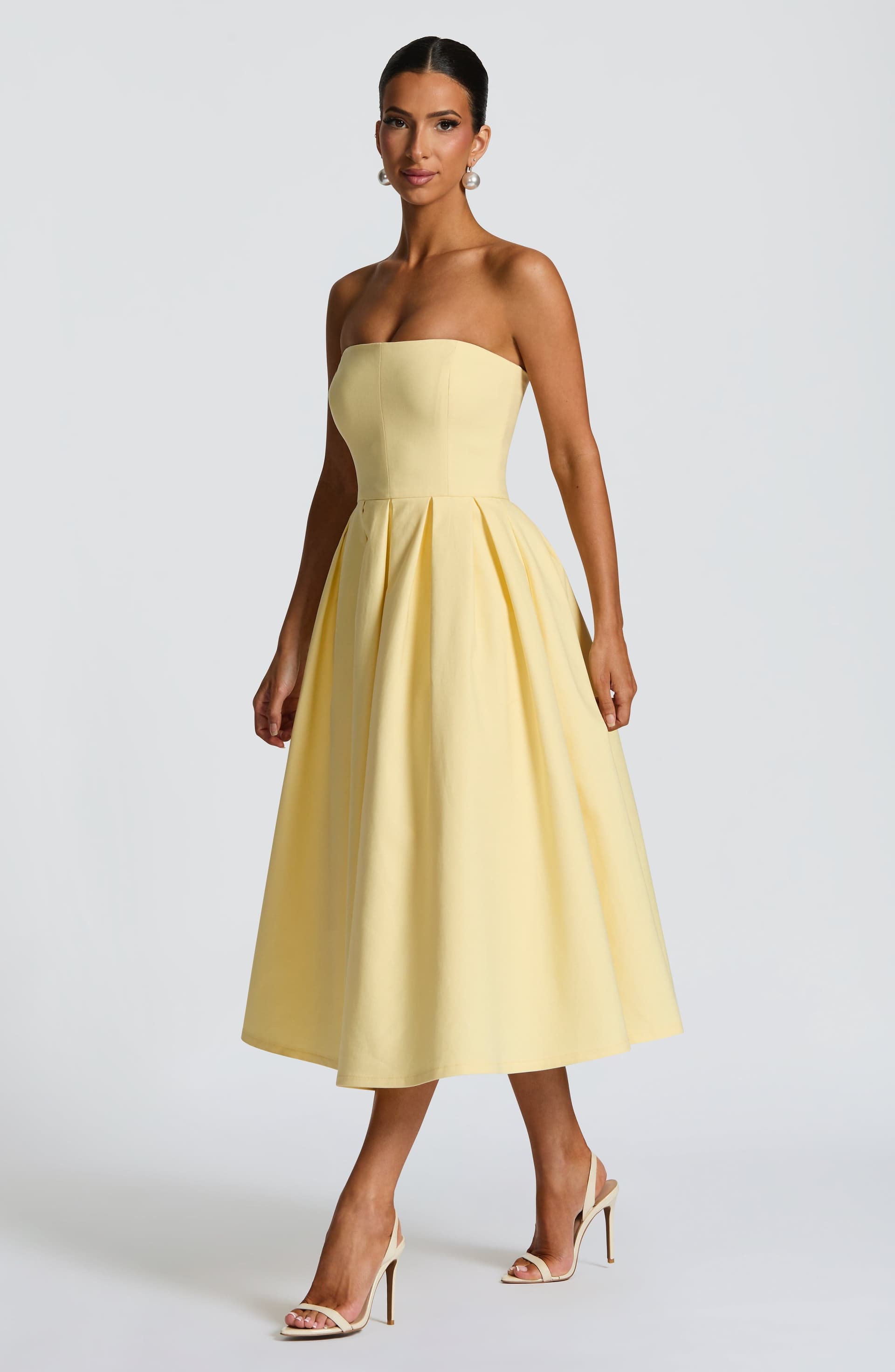 Edith Strapless Midi Dress in Lemon - Stretch Bengaline with Boning