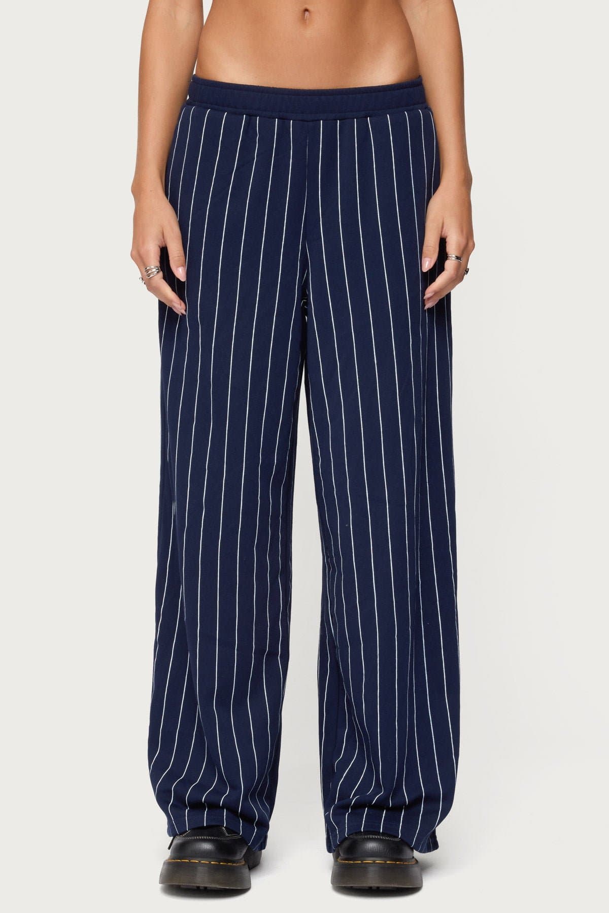 Mercer Pinstripe Wide Leg Sweatpants - Cotton Polyester Elastic Waistband
