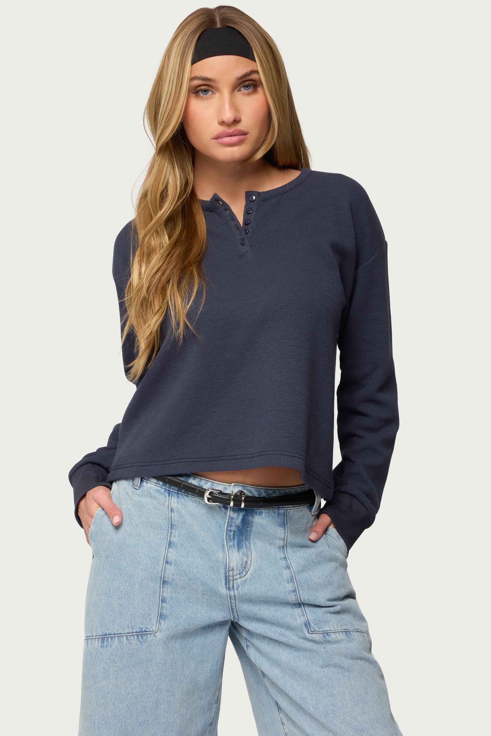 Deni Long Sleeve Henley Waffle Top - Polyester Cotton Spandex Blend