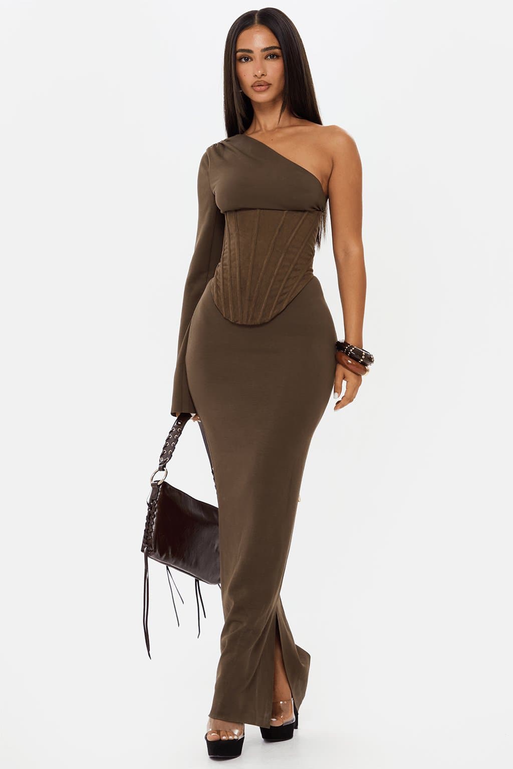 Sculpt Asymmetric Off the Shoulder Maxi Dress - Buttery Stretch Fitted Floor Length