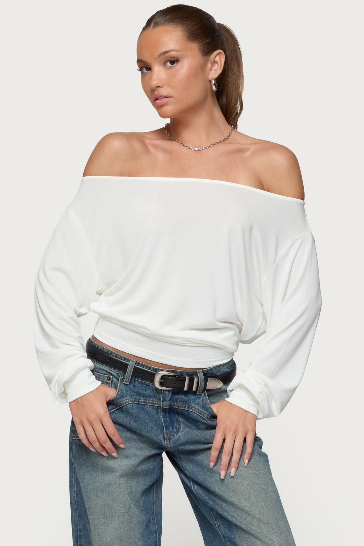 Nannie Off Shoulder Oversized Long Sleeve Top - Rayon Nylon Spandex