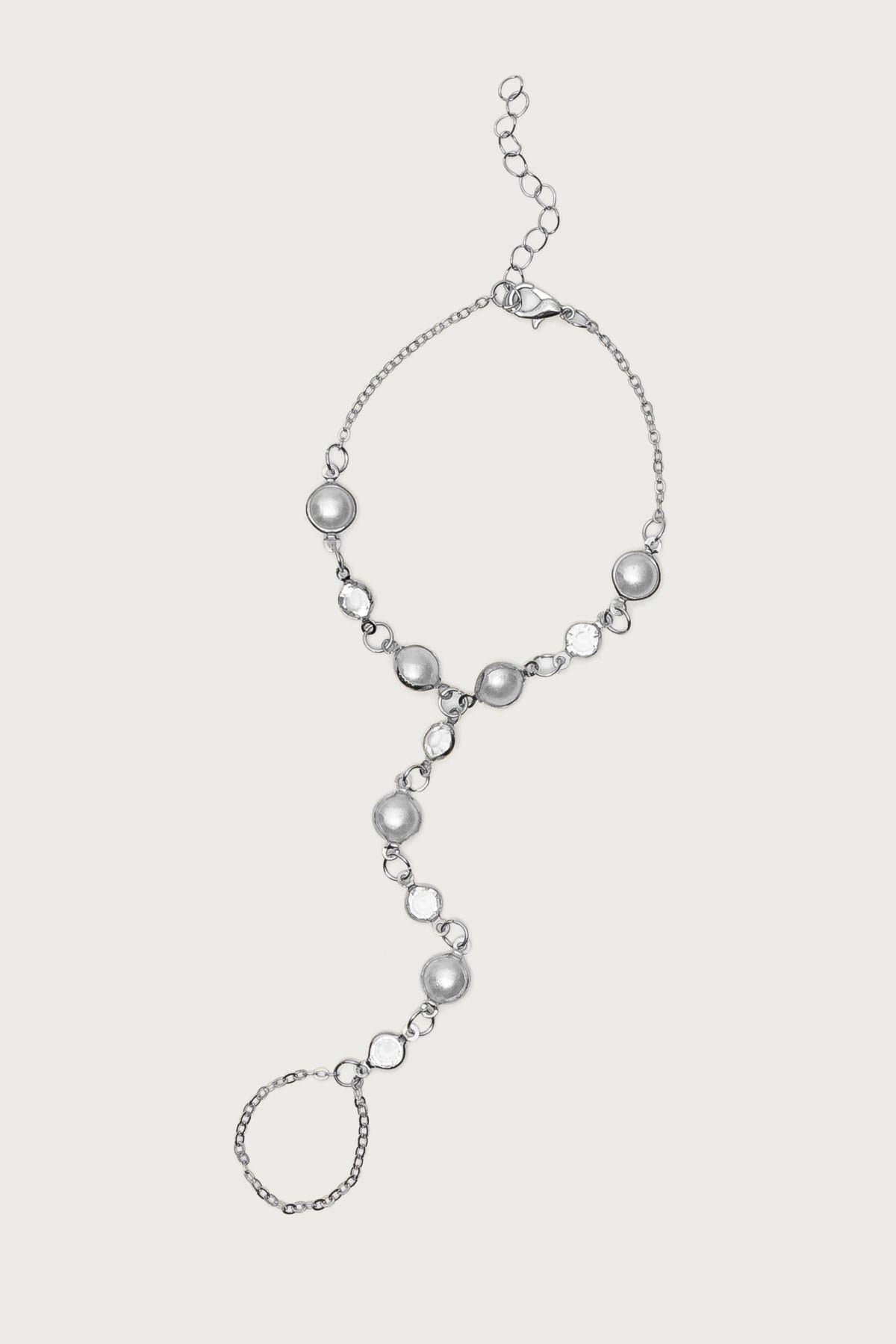 Pearly Hand Chain Silver Tone Metal 8.7 Inch Length