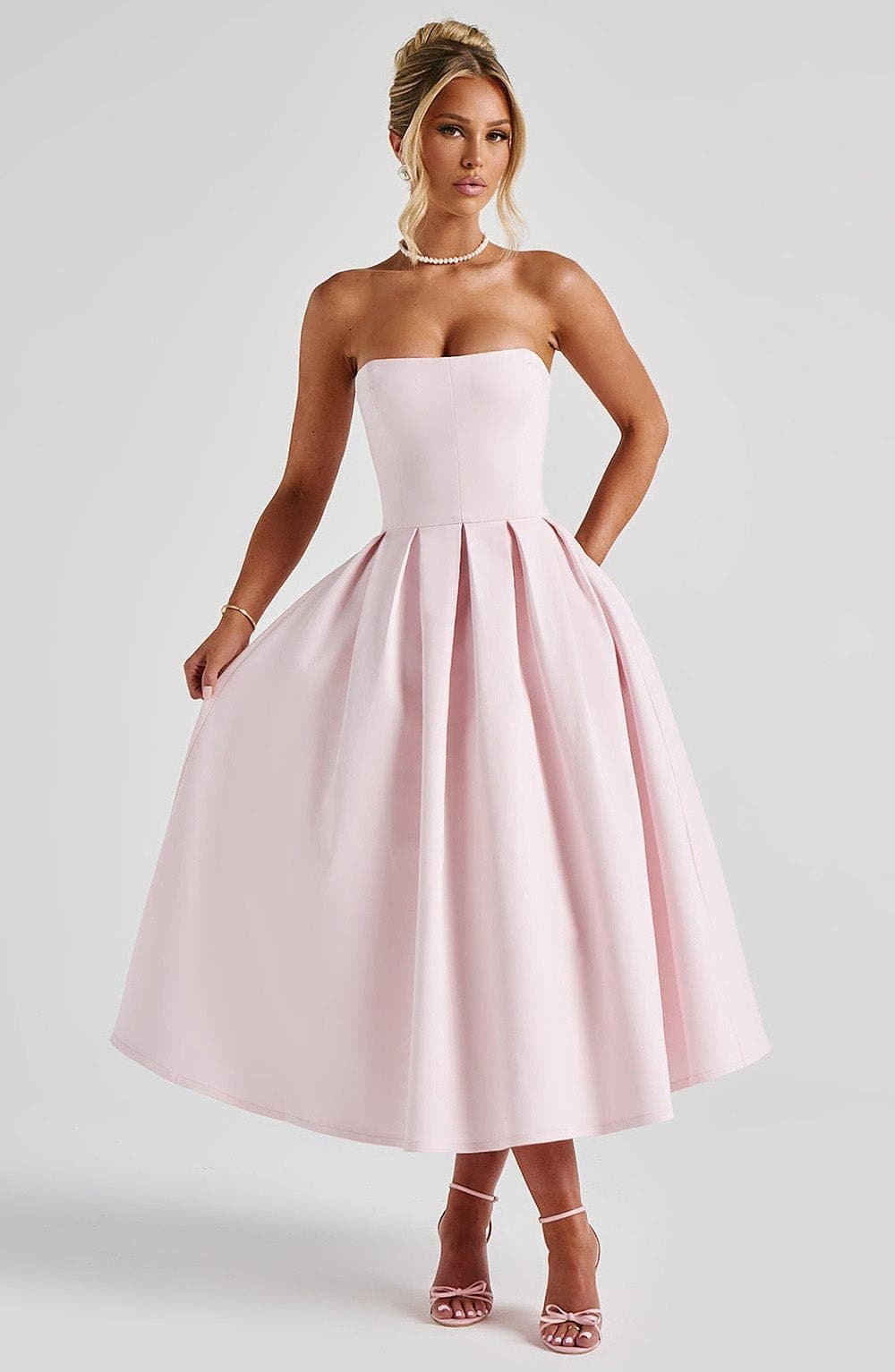 Edith Strapless Midi Dress in Blush - Stretch Bengaline with Pleated Skirt & Boning