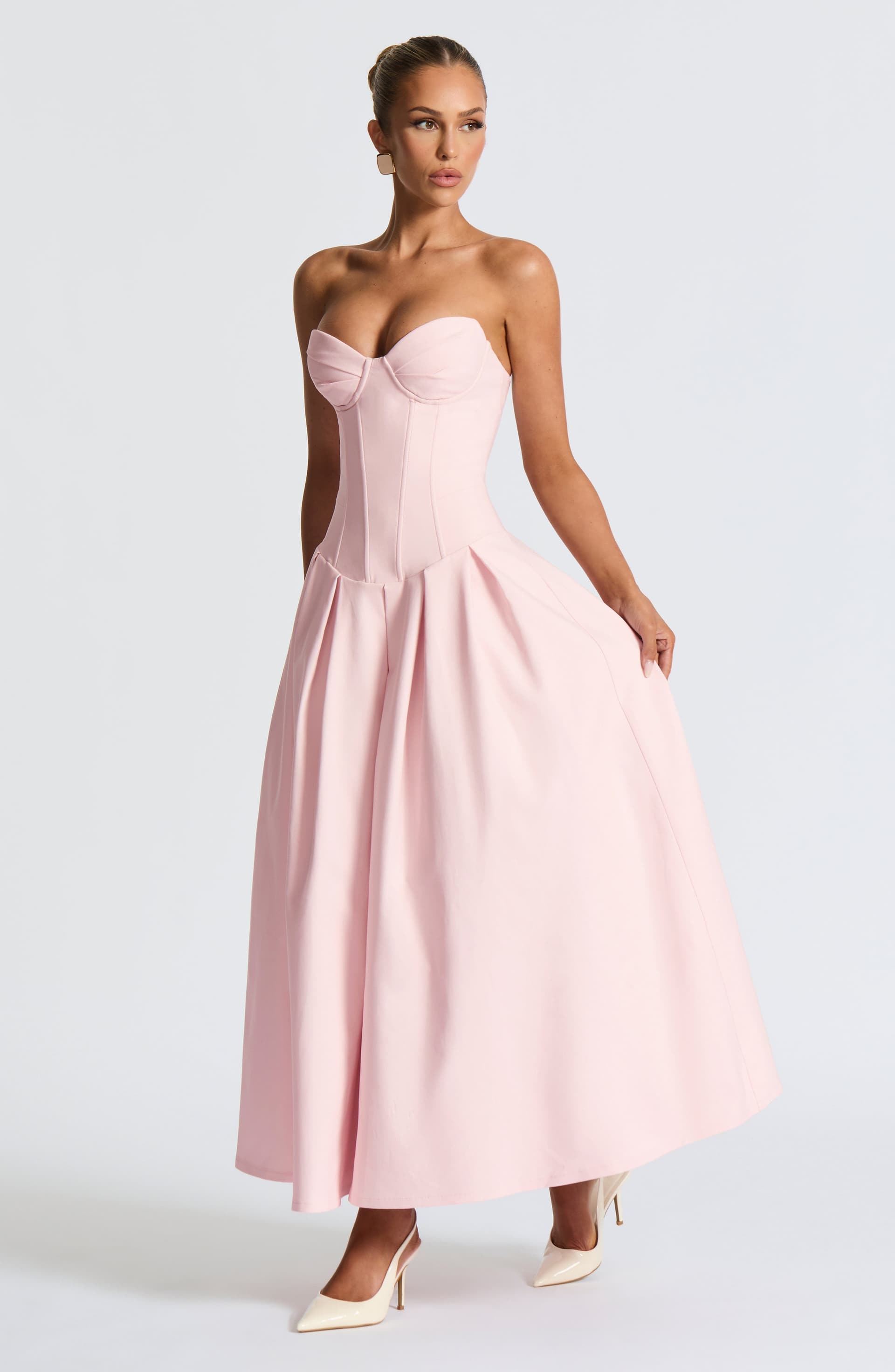 Salma Blush Stretch Bengaline Strapless Midi Dress with Pleated Skirt