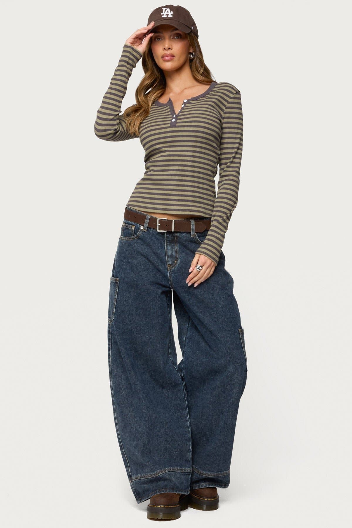 Roma Striped Henley Top Long Sleeve Cotton Spandex Women's Shirt