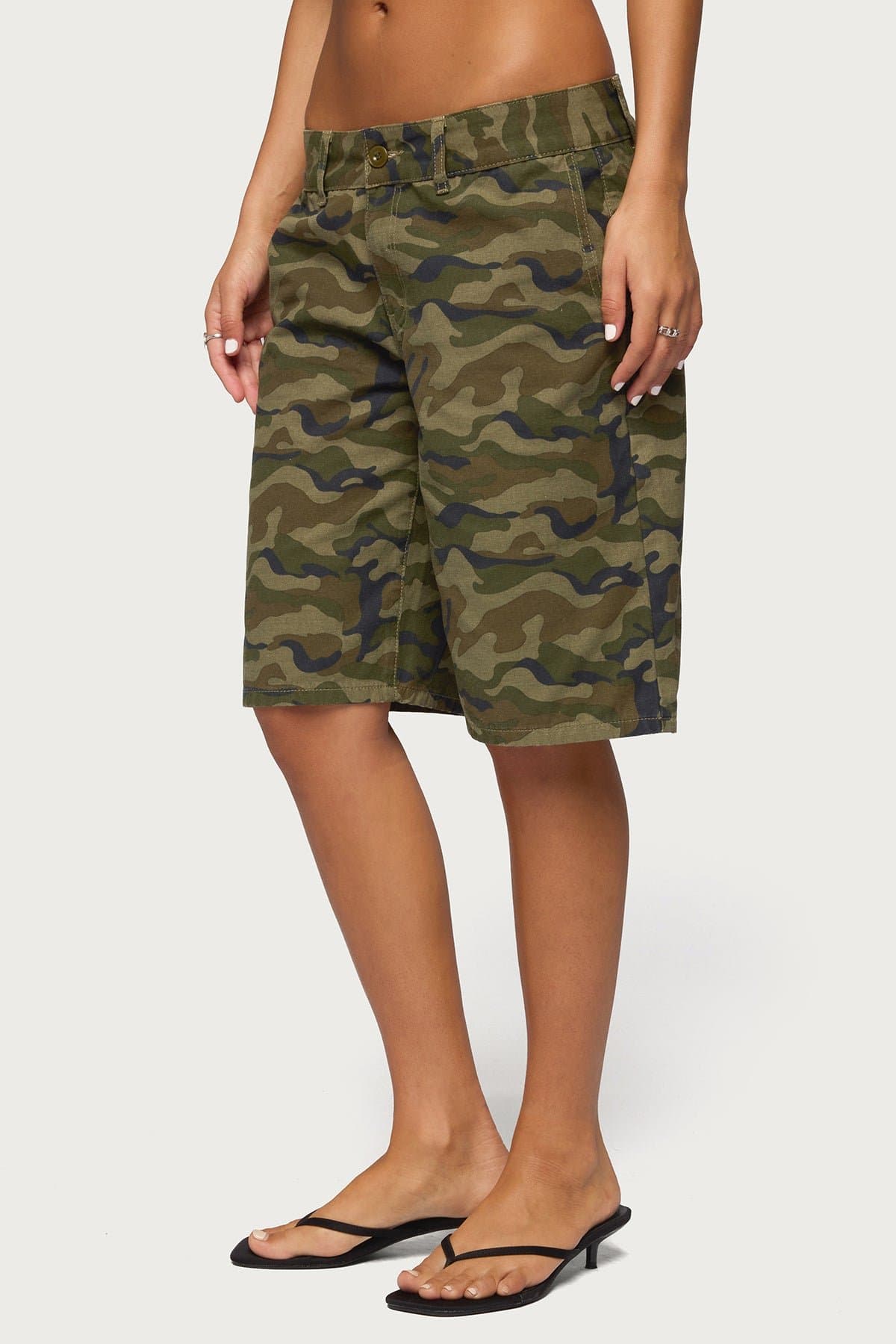 Camo Denim Low Rise Bermuda Shorts - Boyfriend Fit 100% Cotton