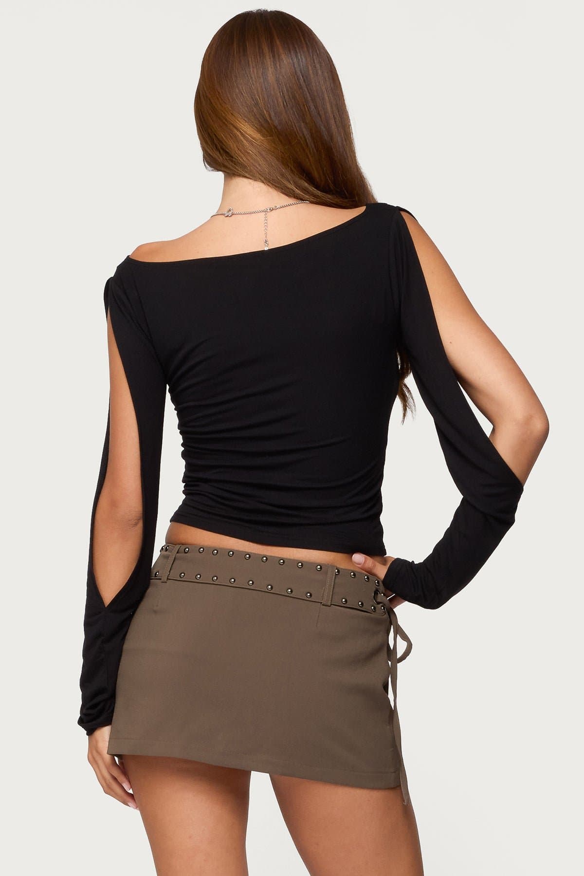 Cade Cutout Sleeves Boat Neck Top - Long Sleeve Rayon Spandex Blouse