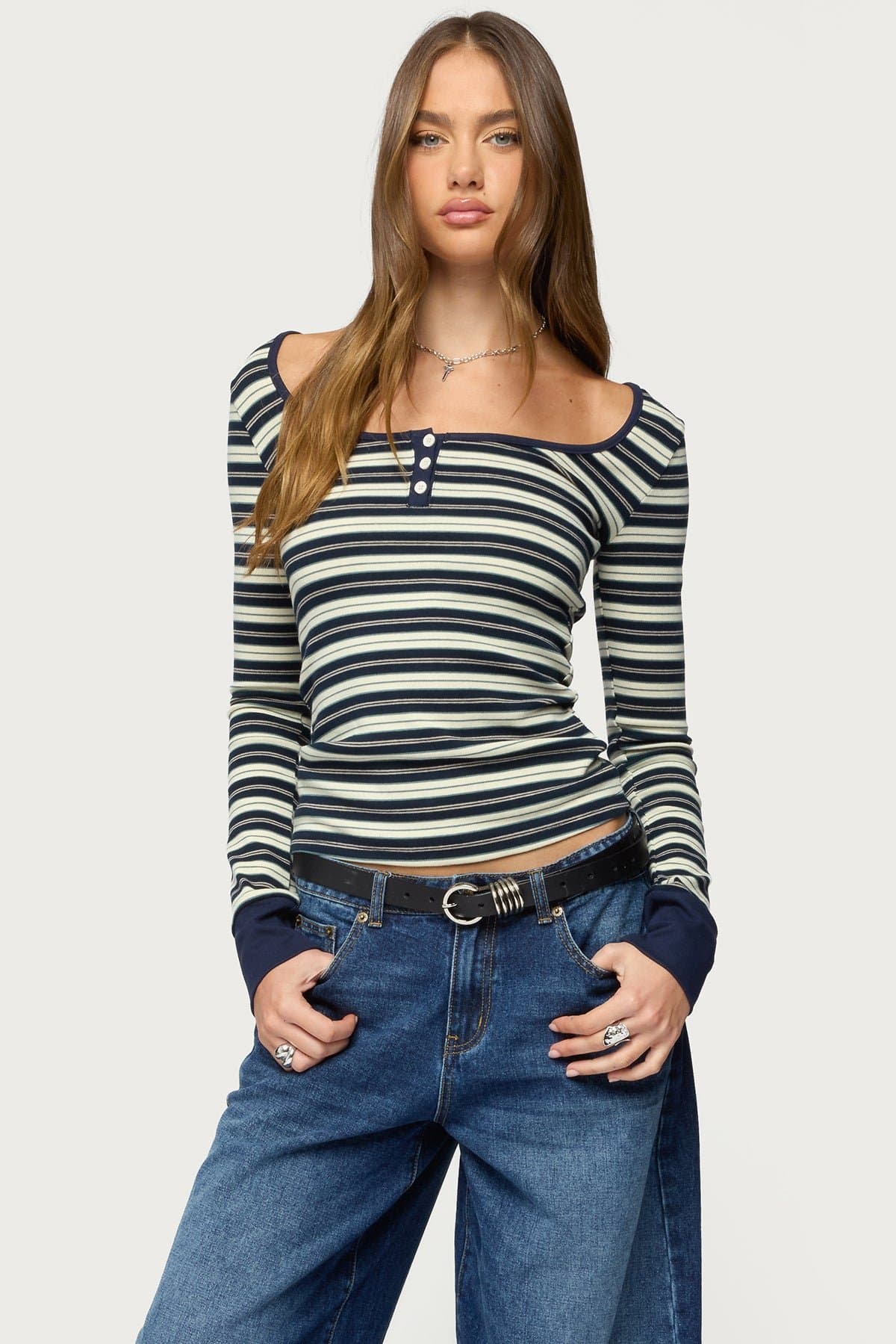 Jaida Striped Henley Top - Long Sleeve Cotton Spandex Scoop Neck